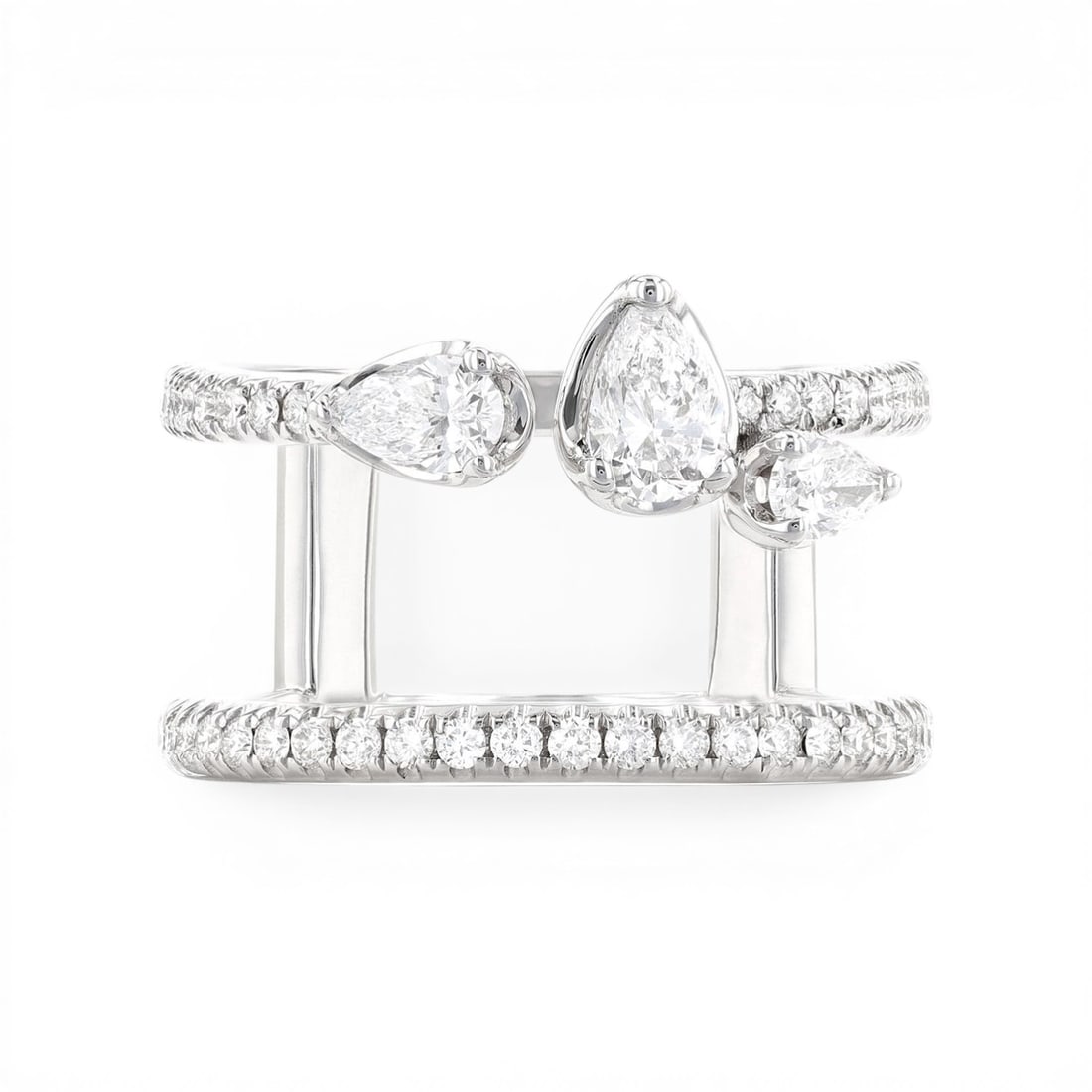 1.03 ctw Pear and Round Diamond Paradox Drift 18K White Gold Ring: Exuding opulence and grace, this breathtaking Paradox Drift ring featuring Natural Diamonds is crafted for the distinguished. A detailed Open Shank gallery secures the stones, rendered in 7.3 grams of