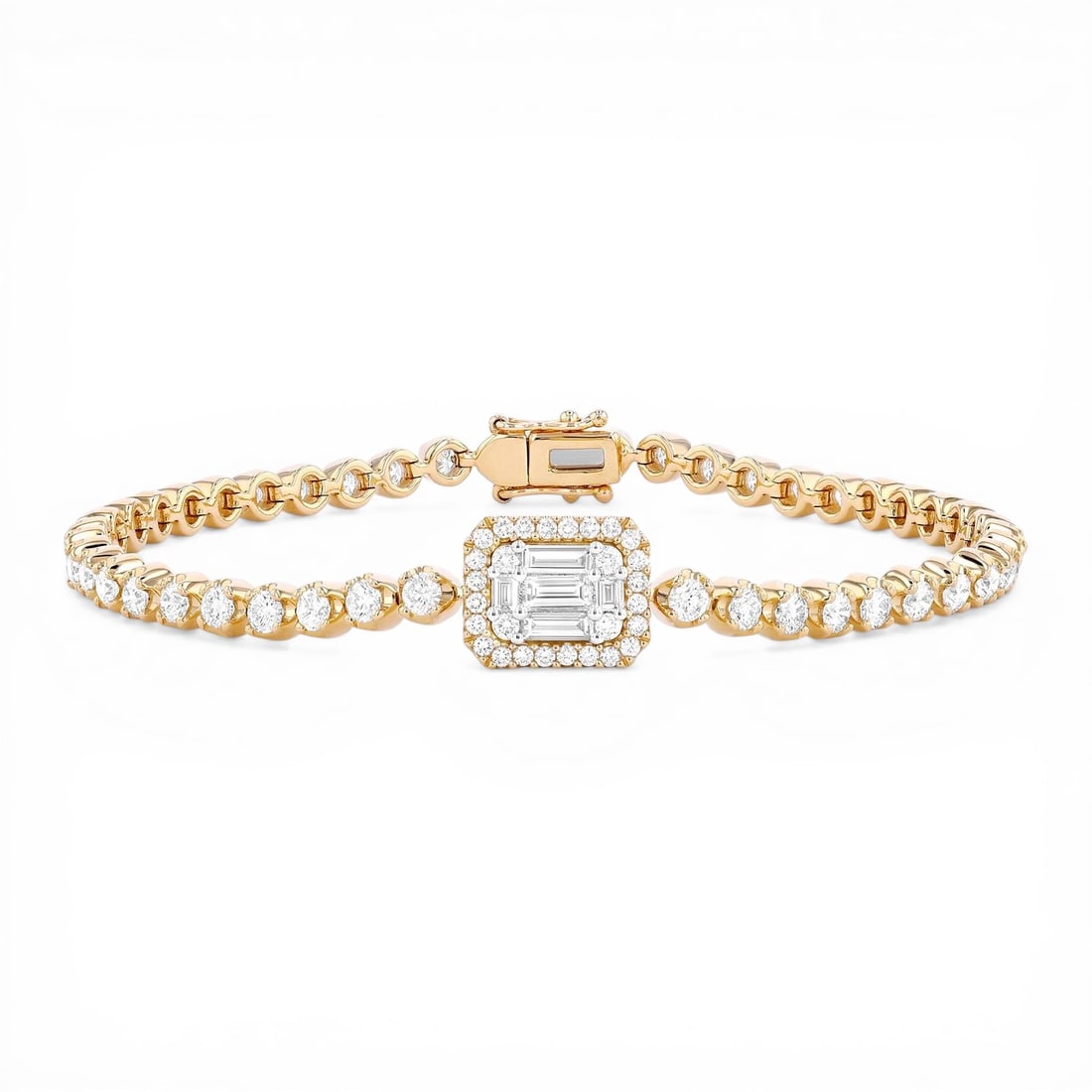 3.16 ctw Baguette & Round Diamond 18K Yellow & White Gold Bracelet: Timeless and sophisticated, this magnificent Solitaire bracelet featuring White Diamond radiates enduring beauty. Expertly mounted in a Cluster/Bezel-Set Links setting, the bracelet is crafted in 11.8
