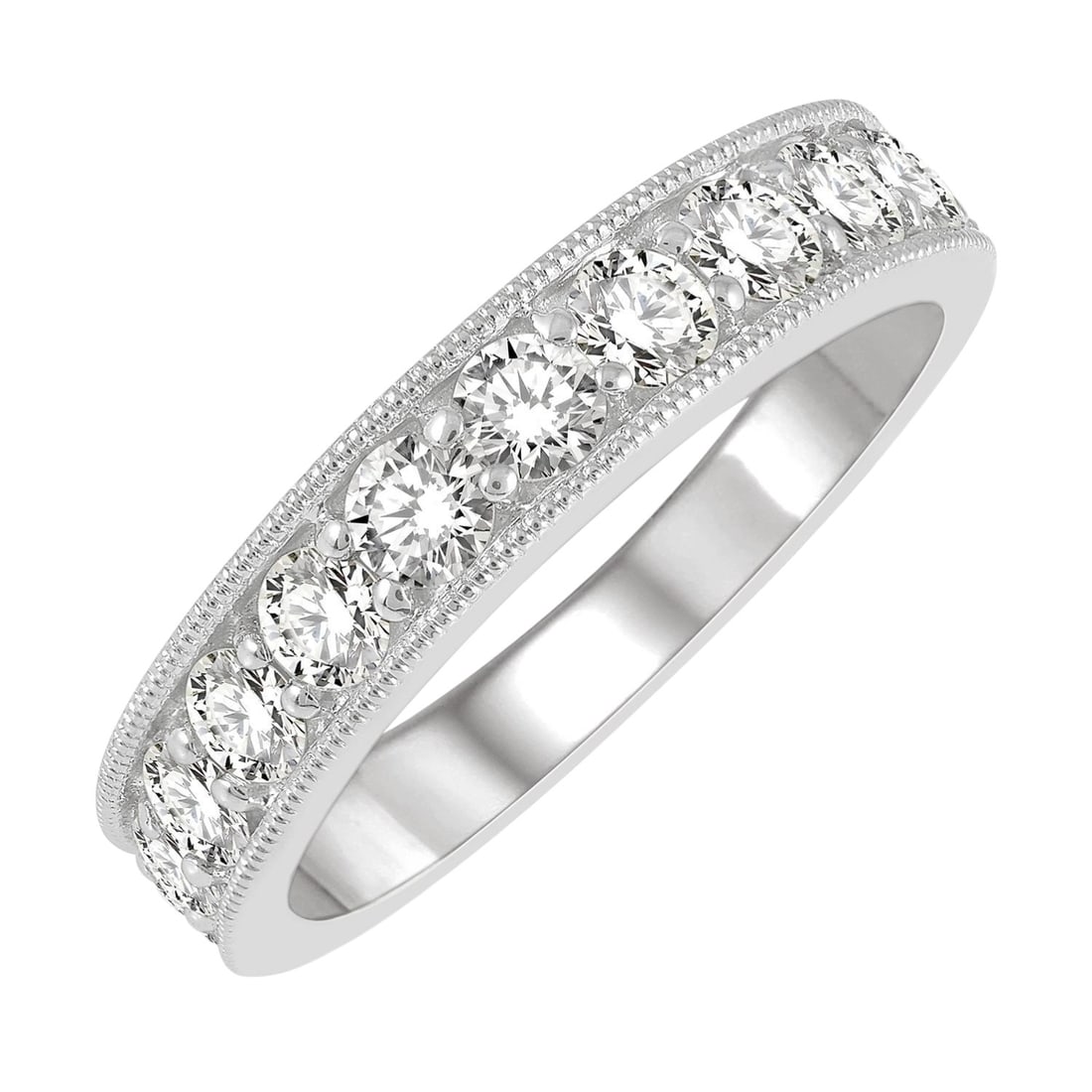 1.01 ctw Round Diamond Pave 14k White Gold Wedding Band: Exuding opulence and grace, this elegant Milgrain ring featuring Natural Diamonds is crafted for the distinguished. Showcasing the gems in a Half-Eternity Band arrangement, the ring consists of 4.45 g