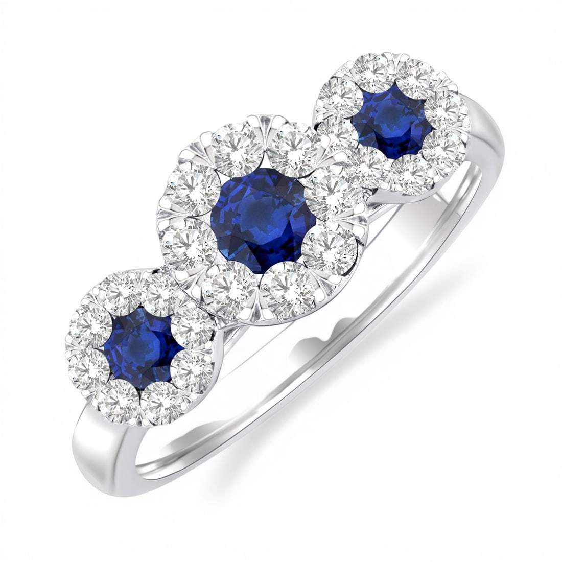 3.8mm Blue Sapphire and 0.64 ctw Diamond 14K White Gold Ring: Timeless and sophisticated, this exquisite Cluster Past, Present and Future ring featuring Blue Sapphire, White Diamond radiates enduring beauty. Expertly mounted in a Three-Stone Cluster Halo setting