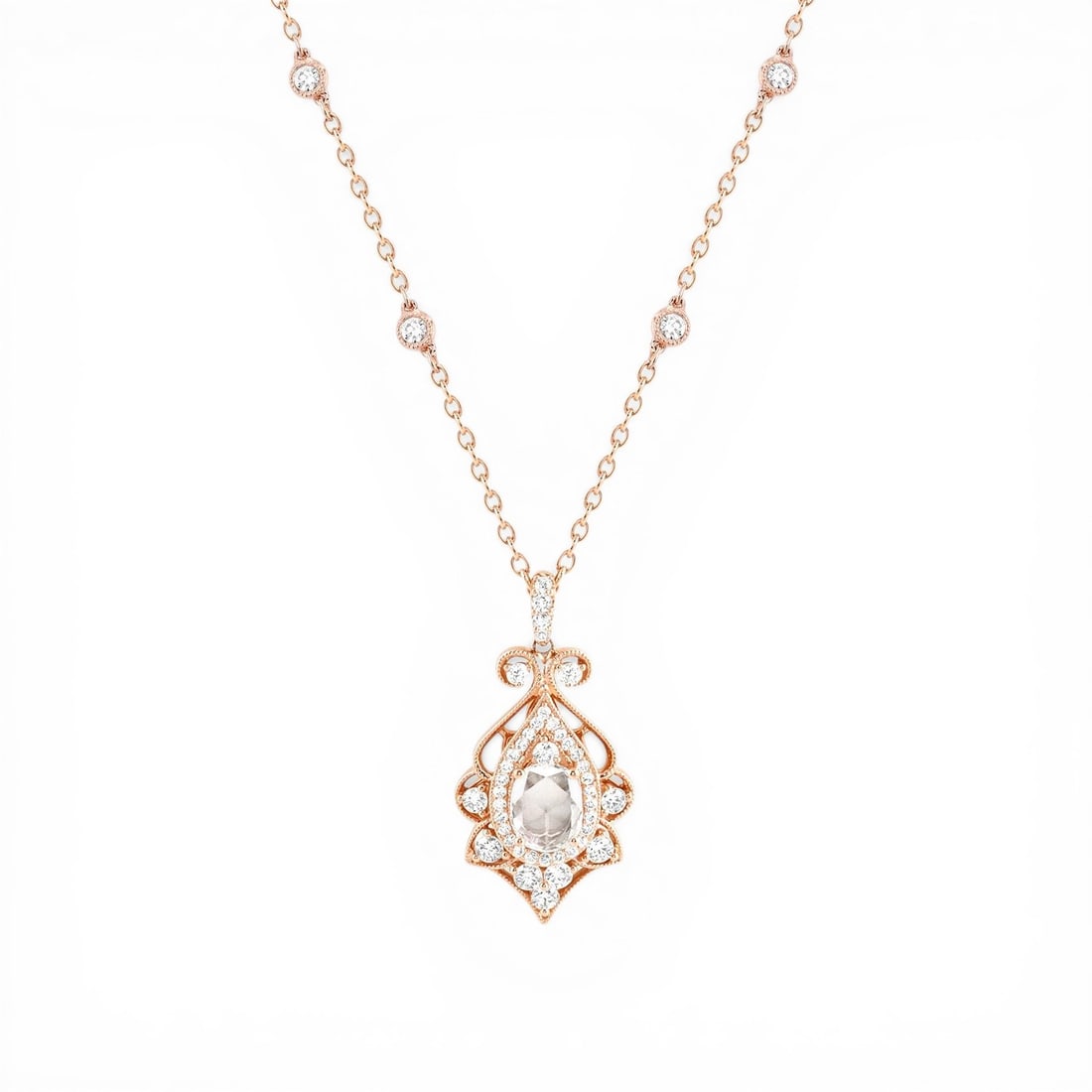 1.23 ctw Diamond Floral Pendant 18K Rose Gold Necklace: Epitomizing grandeur, this exquisite Floral necklace featuring White Diamond stands as a beacon of refined taste. Crafted with precision, the Cluster setting is seamlessly integrated into 3.25 grams o