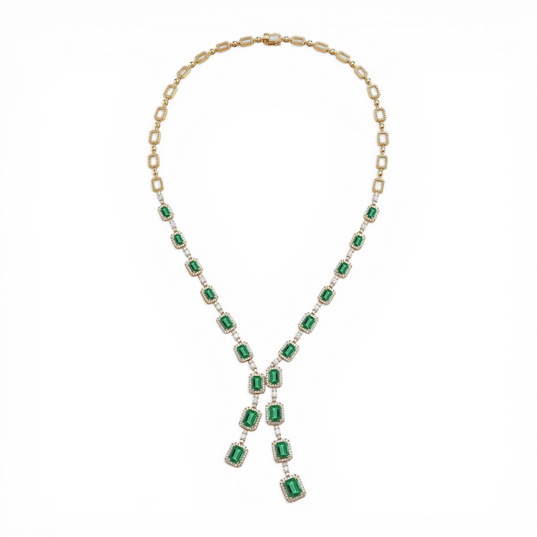 Emerald and 4.48 ctw Diamond 18K Yellow Gold Necklace: Timeless and sophisticated, this magnificent Kaleidoscope Emerald Split necklace featuring Emerald, White Diamond radiates enduring beauty. The gemstones are nestled within a Halo framework, supported