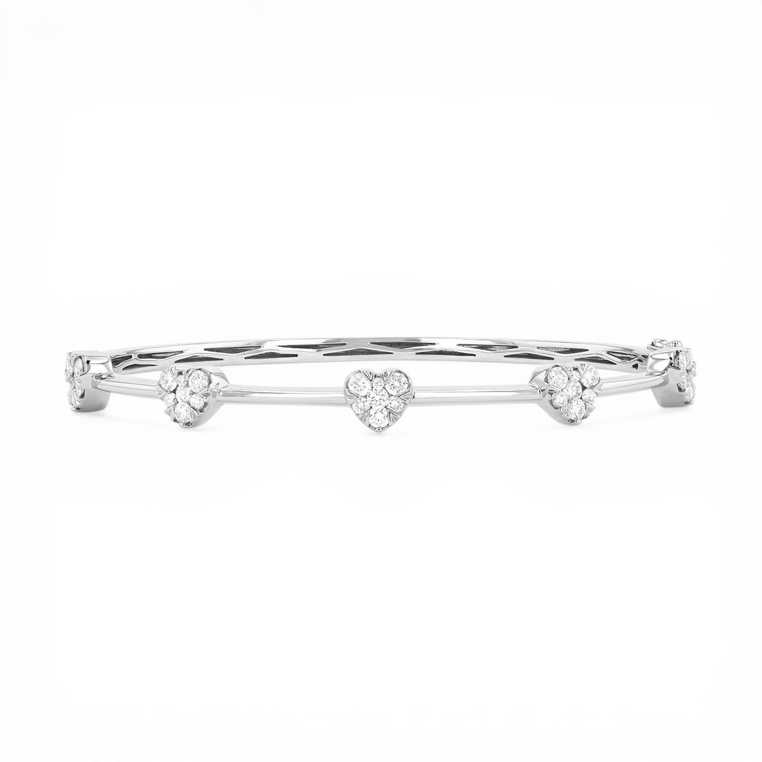 1.19 ctw White Diamond Fiori Heart Bar Cluster 18K White Gold Bangle: Exuding opulence and grace, this magnificent Fiori Heart Bar Cluster bangle featuring White Diamond is crafted for the distinguished. Showcasing the gems in a Cluster arrangement, the bangle consists 