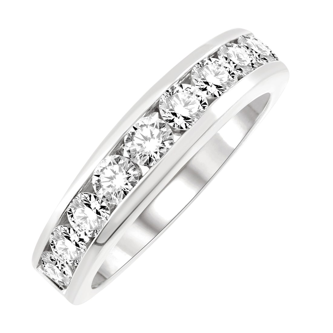 1.0 ctw Round White Diamond Channel Set 14K White Gold Wedding Band: An exquisite masterpiece of haute joaillerie, this exquisite Channel Set ring featuring White Diamond is a true treasure. A detailed Channel-Set Band gallery secures the stones, rendered in 3.25 grams