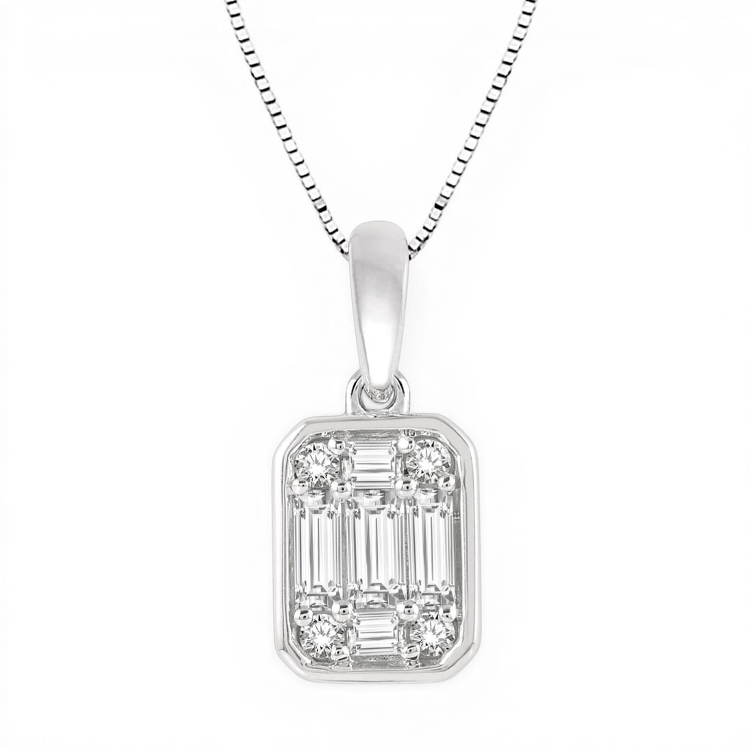 0.34 ctw Baguette Diamond Octagonal 14K White Gold Pendant: Exuding opulence and grace, this breathtaking Octagonal Shape pendant featuring Natural Diamonds is crafted for the distinguished. A detailed Cluster gallery secures the stones, rendered in 0.8 grams 