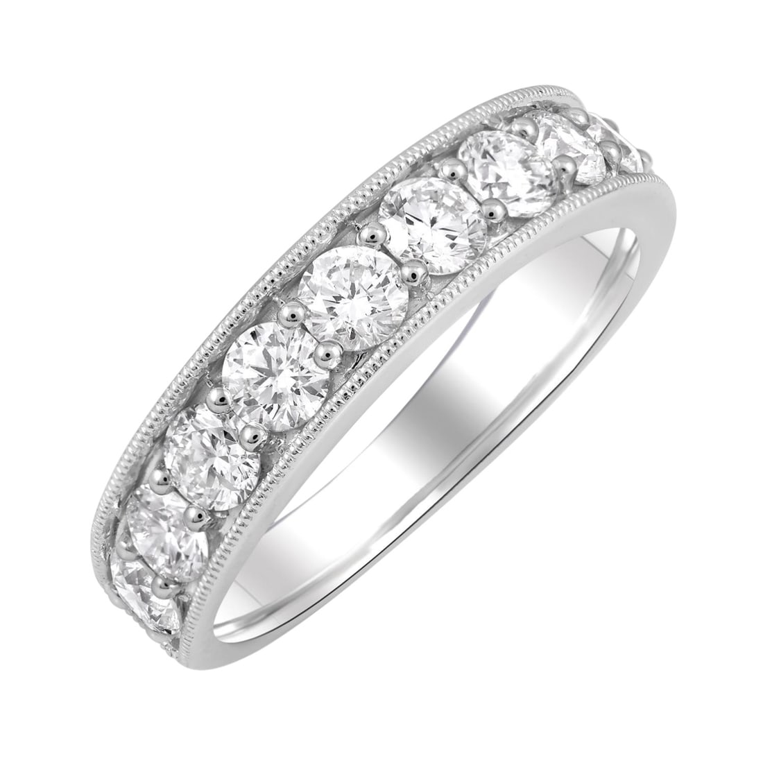 1.51 ctw Round Diamond Milgrain 14K White Gold Wedding Band: A symphony of light and color, this breathtaking Milgrain Band Ring featuring White Diamonds embodies the pinnacle of luxury. Securely held in a classic Band design, the ring is forged from 5.3 grams 