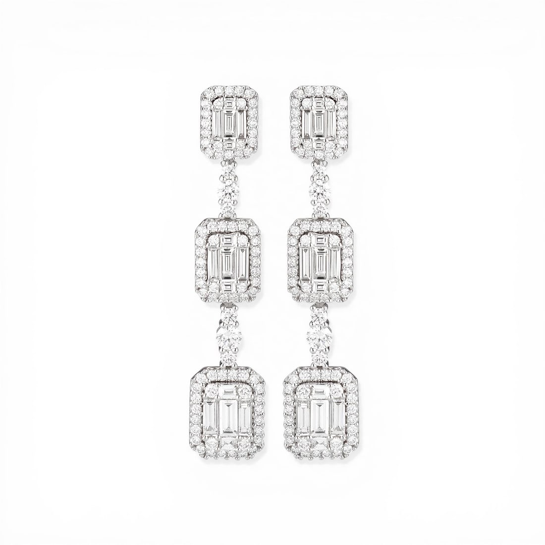 1.91 ctw Diamond Graduating Station 18K White Gold Drop Earrings: Epitomizing grandeur, this breathtaking Graduating Station pair of earrings featuring White Diamond stands as a beacon of refined taste. Showcasing the gems in a Halo arrangement, the earrings consist
