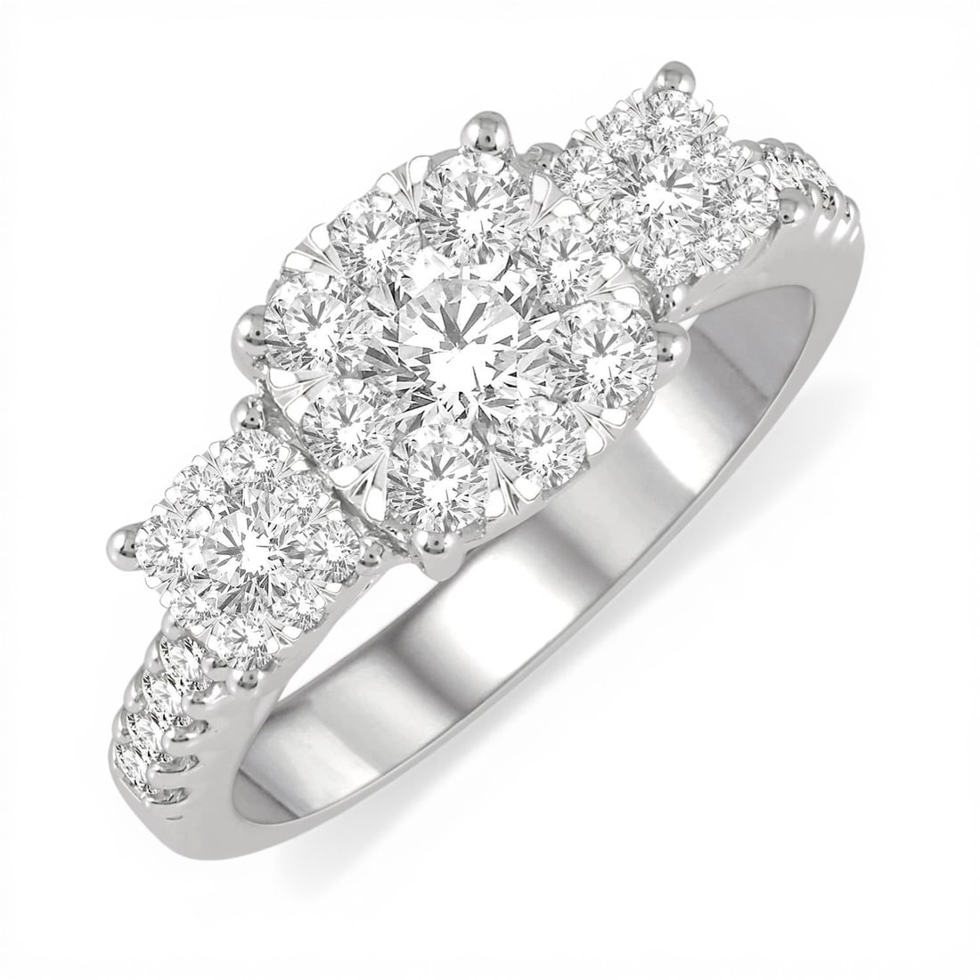 1.09 ctw Diamond Cluster 14K White Gold Ring: A symphony of light and color, this magnificent Triple Circle ring featuring Natural Diamonds embodies the pinnacle of luxury. The gemstones are nestled within a Three-Stone Cluster framework, support