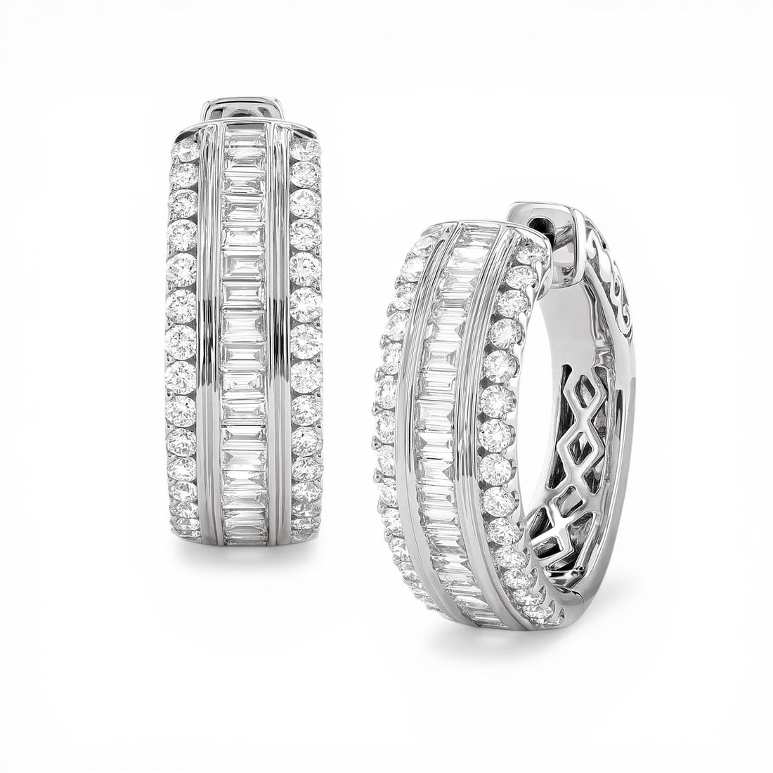 1.41 ctw Baguette & Round Diamond 18K White Gold Hoop Earrings: A testament to superior craftsmanship, this breathtaking Baguette-Cut pair of earrings featuring Natural Diamonds is unparalleled. Crafted with precision, the Multi-Row Channel and Shared Prong settin
