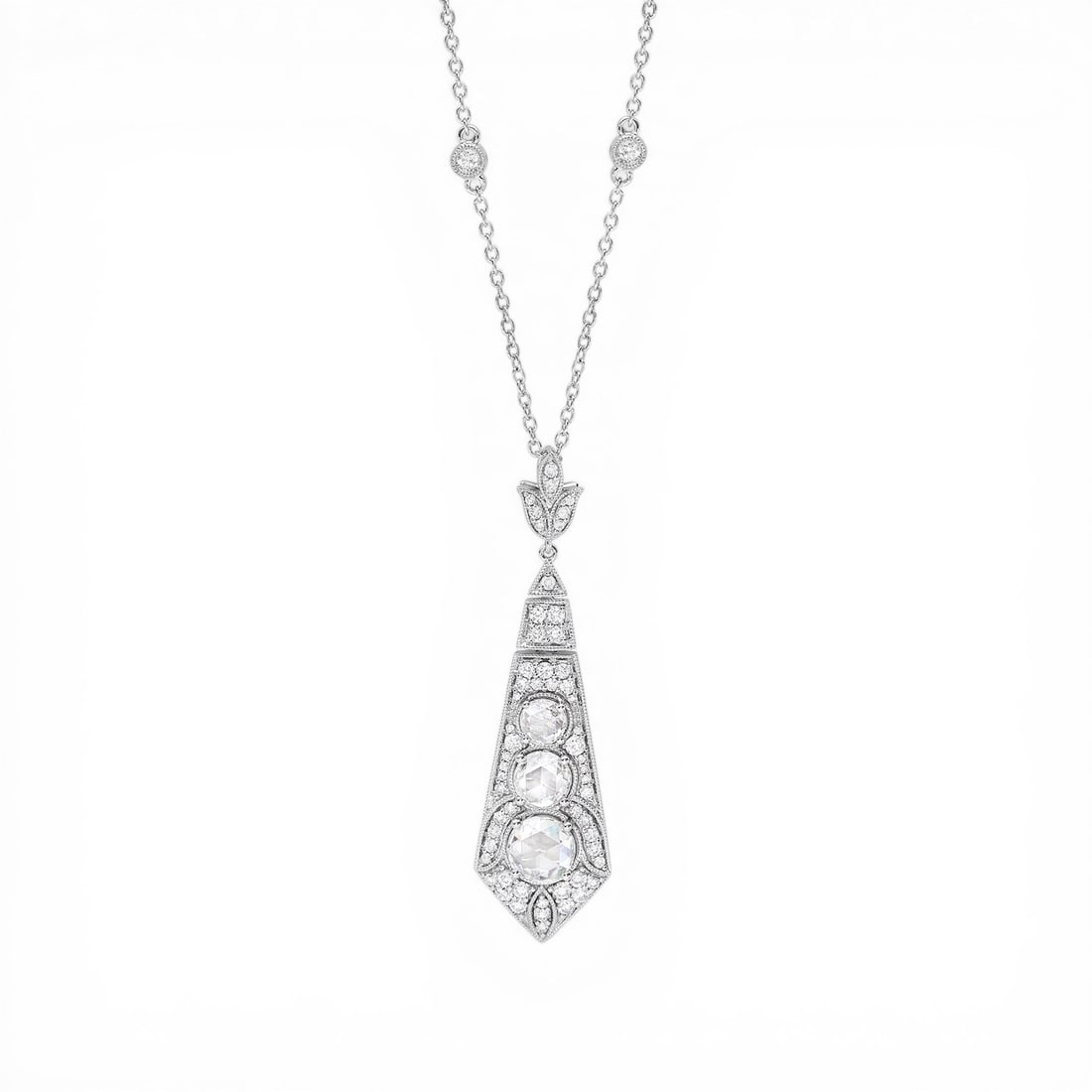 Mademoiselle 2.18 ctw Diamond 18K White Gold Pendant: A vision of luxury, this magnificent Art Deco necklace featuring Natural Diamonds defines sophistication. Expertly mounted in a Drop Pendant setting, the necklace is crafted in 5.2 grams of solid 18K 