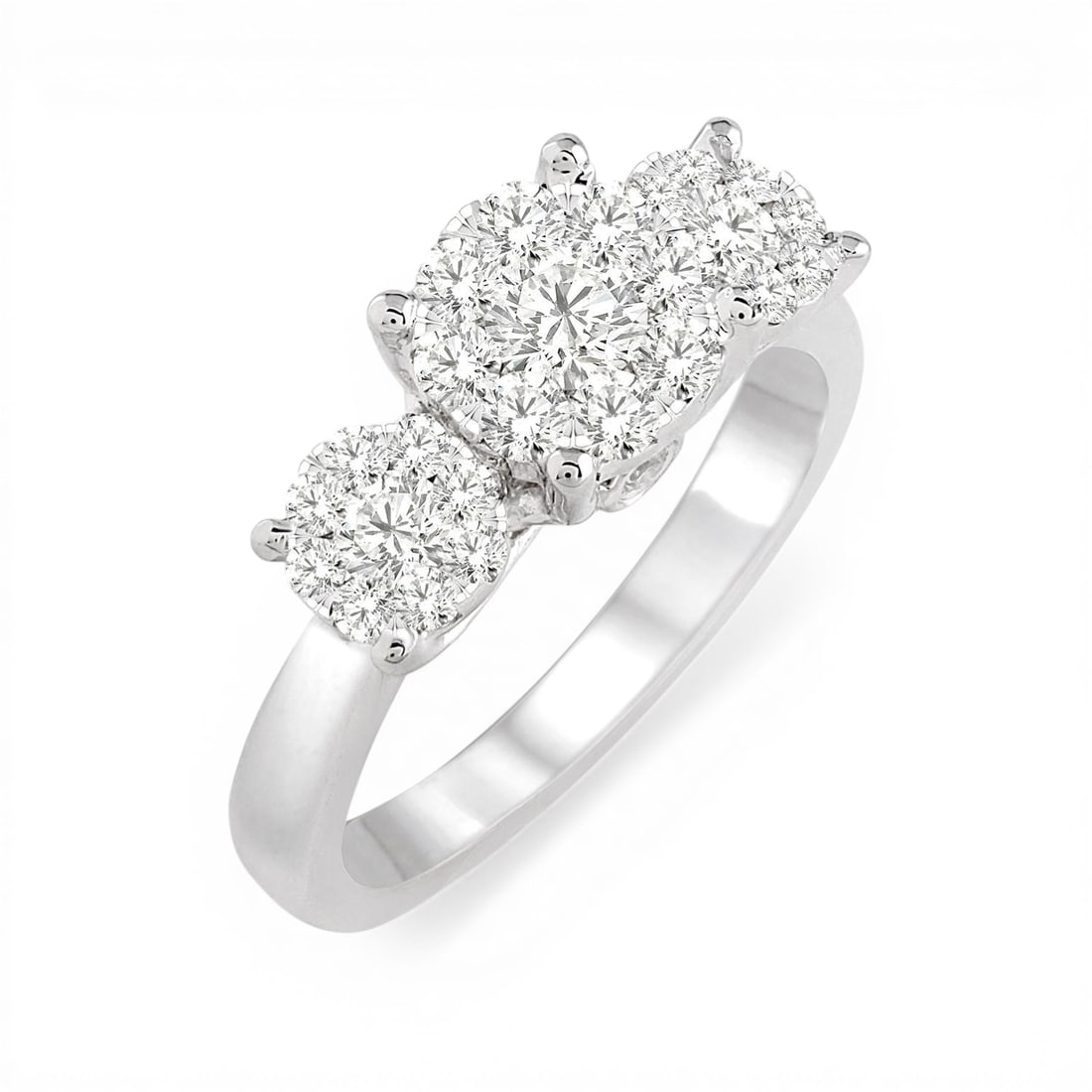 0.76 ctw Cluster Diamond Three Stone 14K White Gold Ring: Rare and radiant, this exquisite Cluster Three Stone ring featuring Natural Diamonds offers a touch of the extraordinary. A detailed Cluster Three-Stone gallery secures the stones, rendered in 3.95 gr