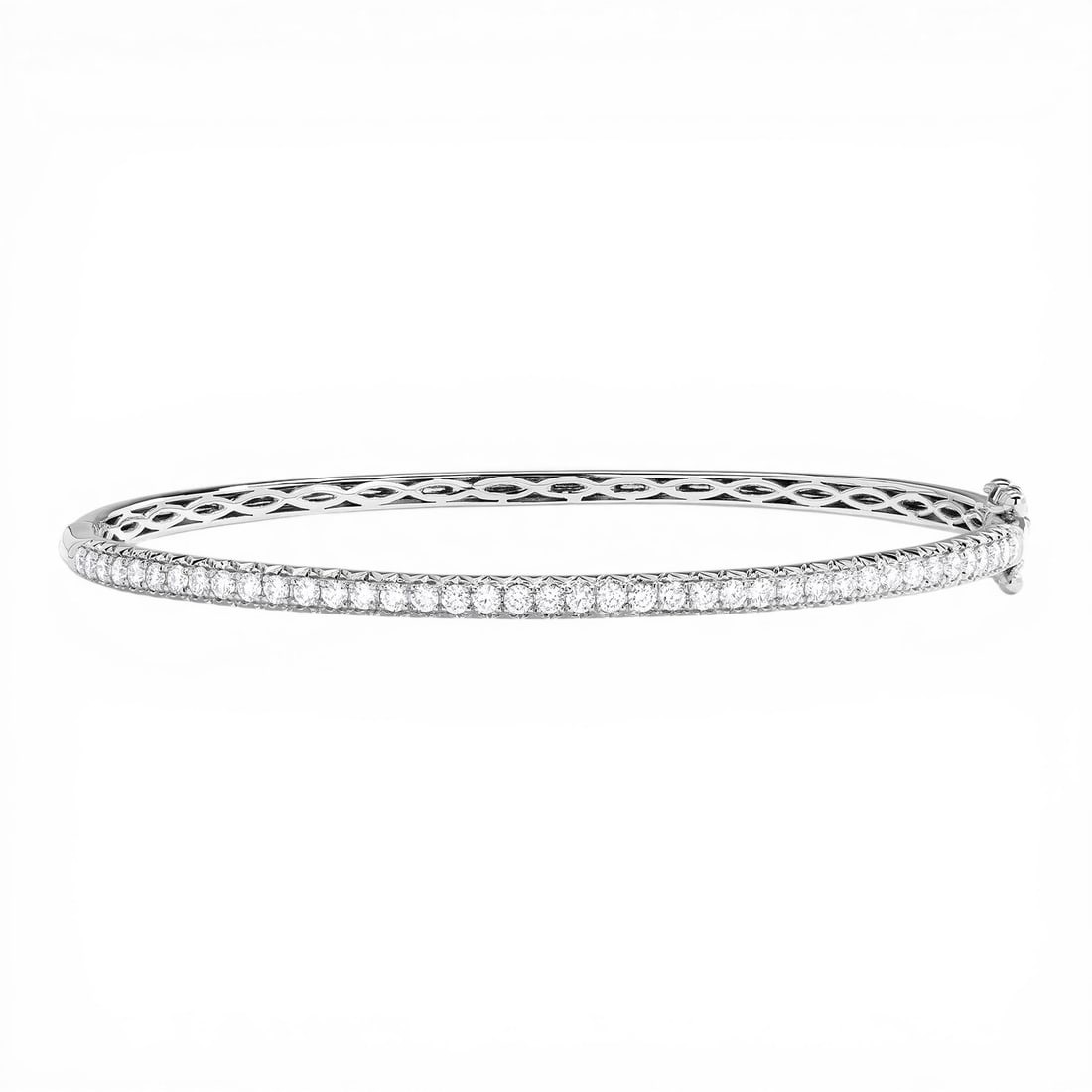 1.04 ctw White Diamond 18K White Gold Bangle Bracelet: A testament to superior craftsmanship, this elegant Timeless bangle bracelet featuring White Diamond is unparalleled. A detailed Line/Row Setting gallery secures the stones, rendered in 11.0 grams of 