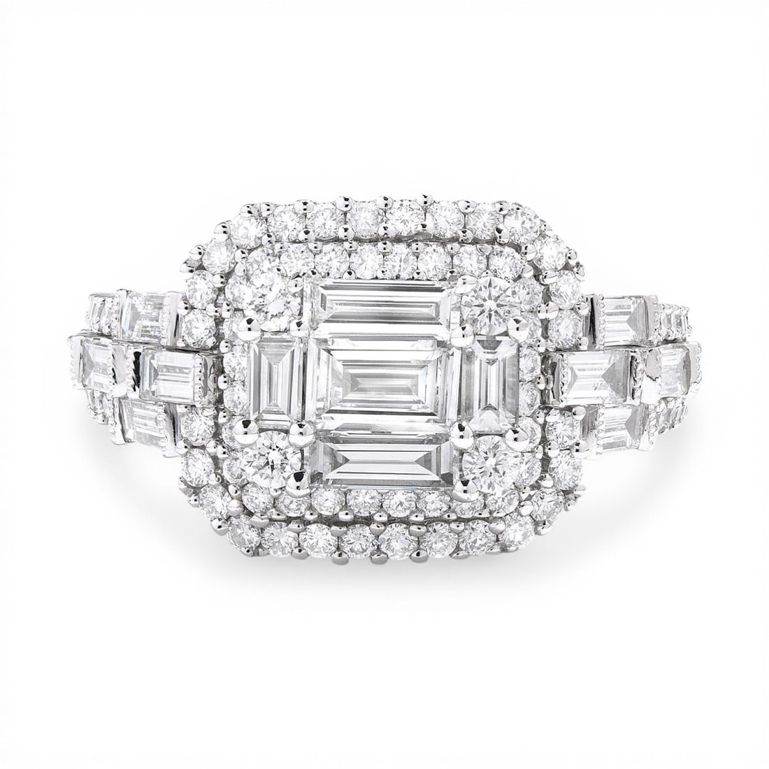 1.75 ctw Baguette & Round Diamond Cocktail Ring 18K White Gold: An exquisite masterpiece of haute joaillerie, this stunning Empress Baguette ring featuring Natural Diamonds is a true treasure. A detailed Cluster gallery secures the stones, rendered in 6.55 grams o