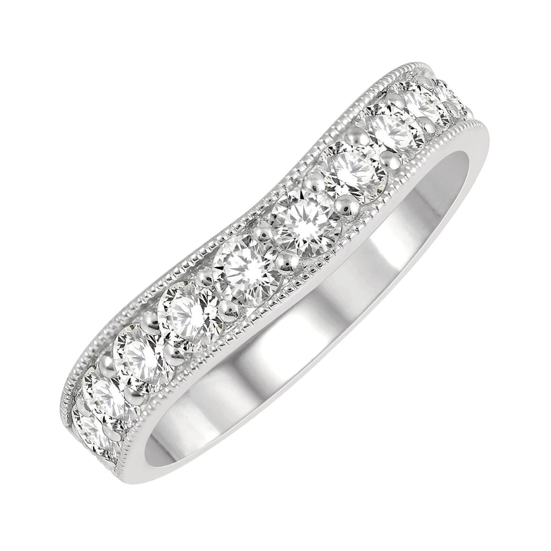 1.0 ctw Round Diamond Wedding Band 14K White Gold: Timeless and sophisticated, this elegant Arched Milgrain ring featuring Natural Diamonds radiates enduring beauty. The gemstones are nestled within a Band framework, supported by a substantial 4.15 g 