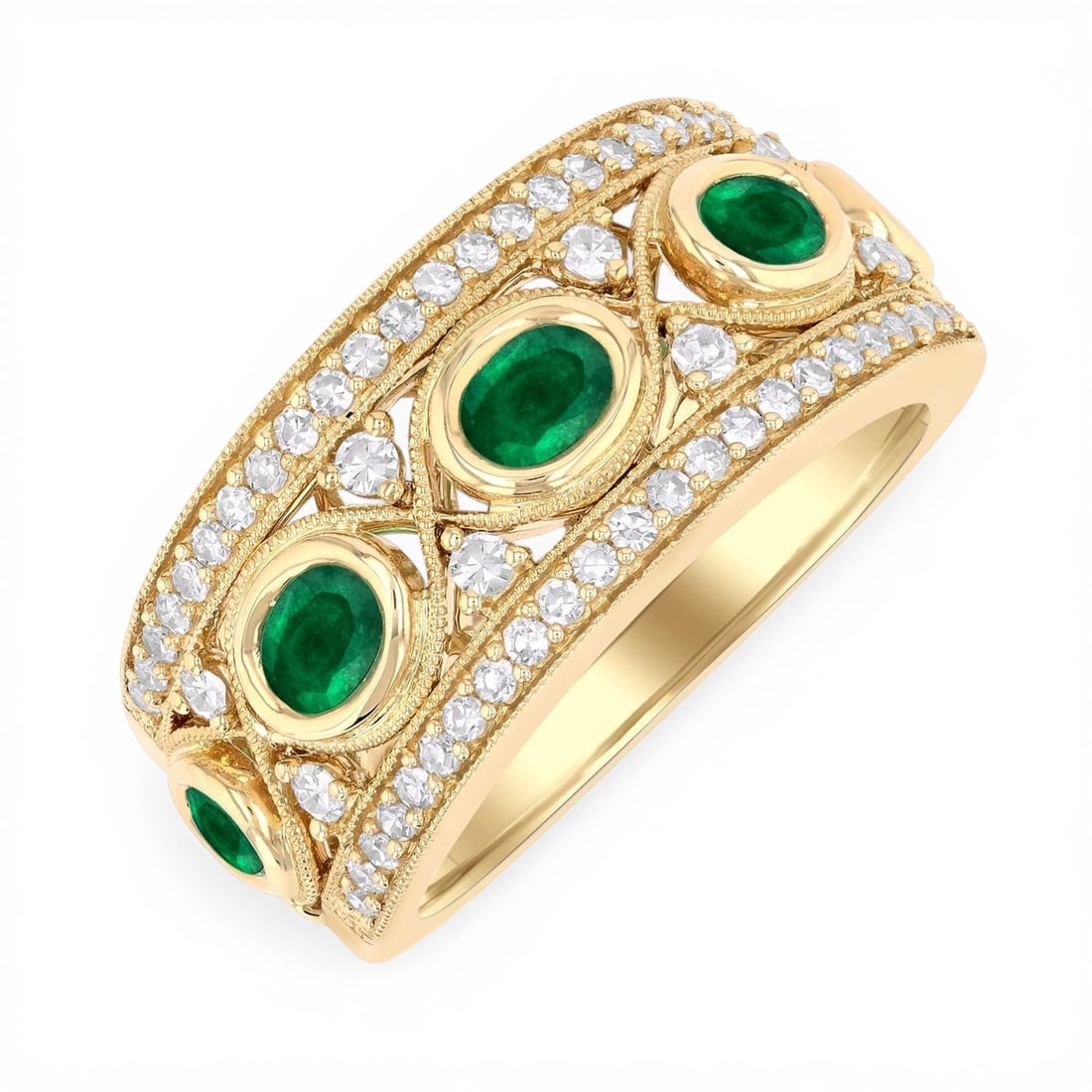 4x3mm Oval Emerald and 0.40 ctw Diamond Criss Cross 14K Yellow Gold Band Ring: A symphony of light and color, this magnificent Criss Cross ring featuring Emerald, White Diamond embodies the pinnacle of luxury. Expertly mounted in a Wide Band setting, the ring is crafted in 6.45 