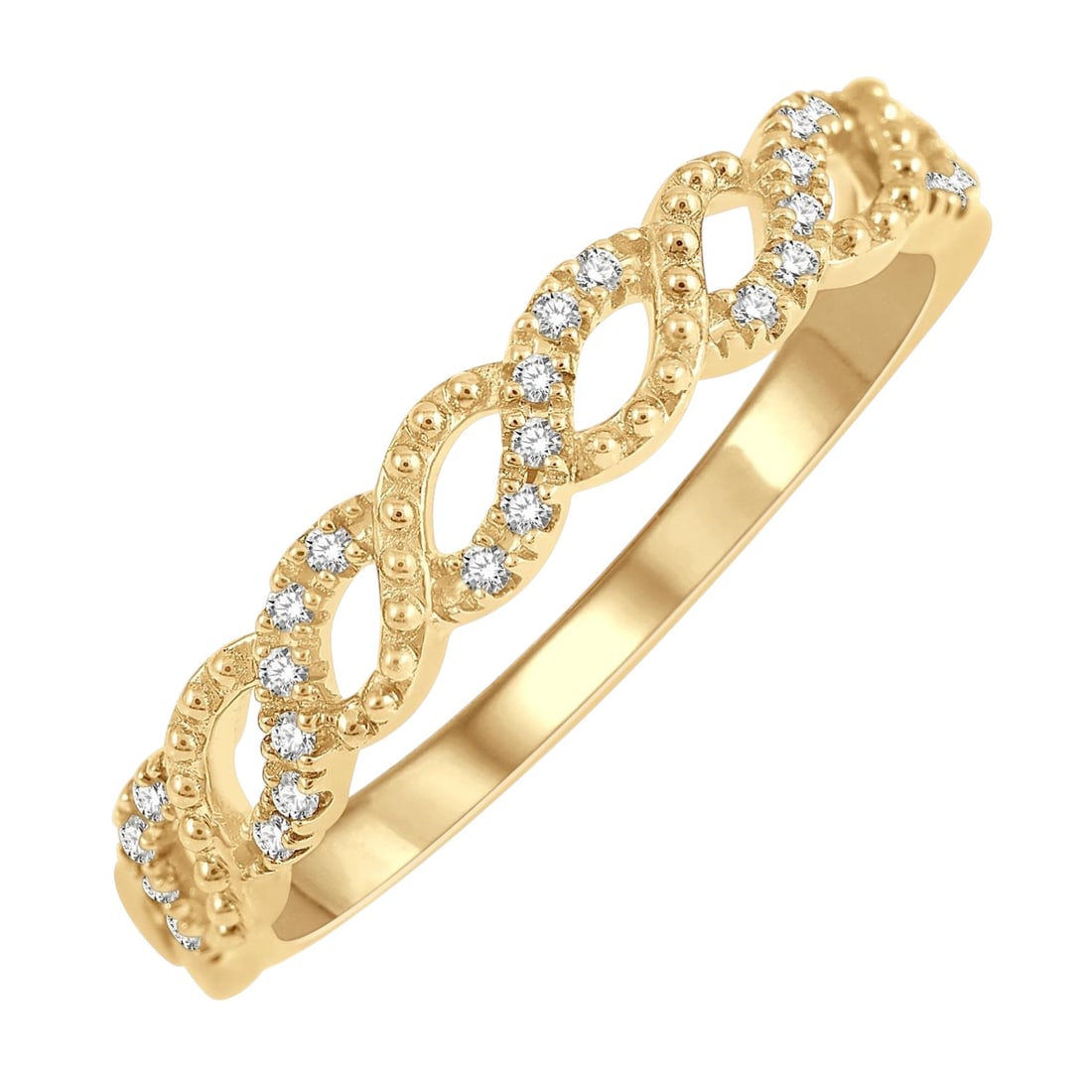 0.10 ctw Entwined Diamond 14K Yellow Gold Stack Band: Exuding opulence and grace, this elegant Entwined ring featuring White Diamond is crafted for the distinguished. Crafted with precision, the Band setting is seamlessly integrated into 2.15 g of 14K Ye