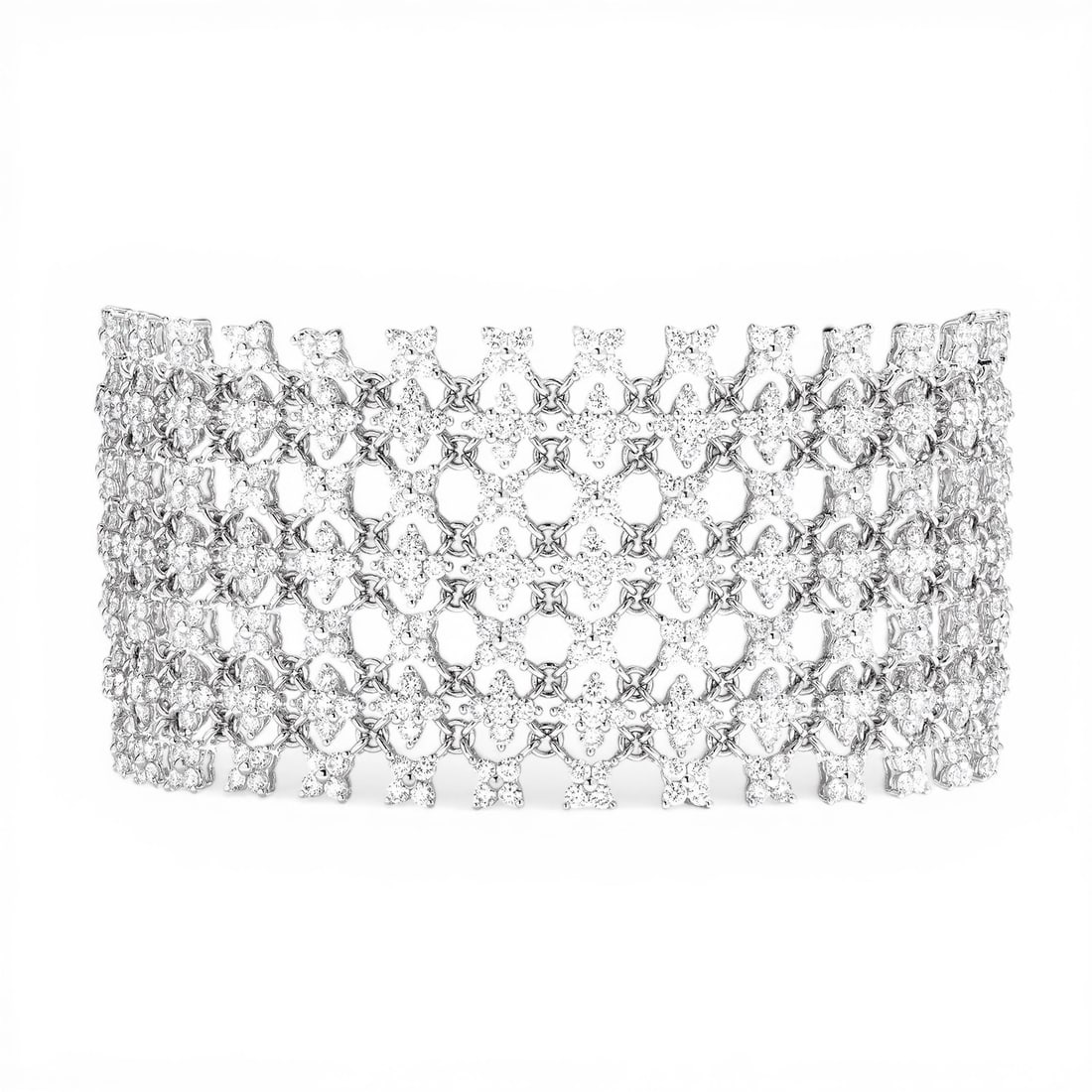16.88 ctw White Diamond Silk Floral Wide 18K White Gold Bracelet: Timeless and sophisticated, this breathtaking Floral Wide bracelet featuring White Diamond radiates enduring beauty. Securely held in a classic Lattice Cluster design, the bracelet is forged from 42.0