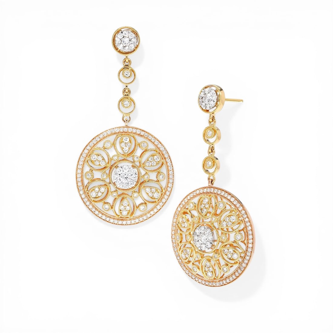 2.05 ctw White Diamond 18k Tri-Color Gold Earrings: An exquisite masterpiece of haute joaillerie, this breathtaking Fiori Cluster pair of earrings featuring White Diamond is a true treasure. A detailed Cluster/Pave gallery secures the stones, rendered 