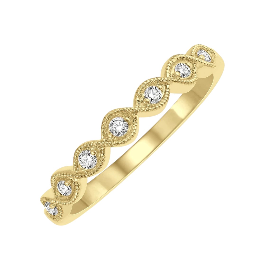 0.10 ctw Diamond Milgrain Marquise Lattice 14K Yellow Gold Band Ring: Captured in a moment of brilliance, this exquisite Milgrain Marquise Lattice ring featuring Natural Diamonds speaks to the connoisseur. Securely held in a classic Half-Eternity Band design, the ring i