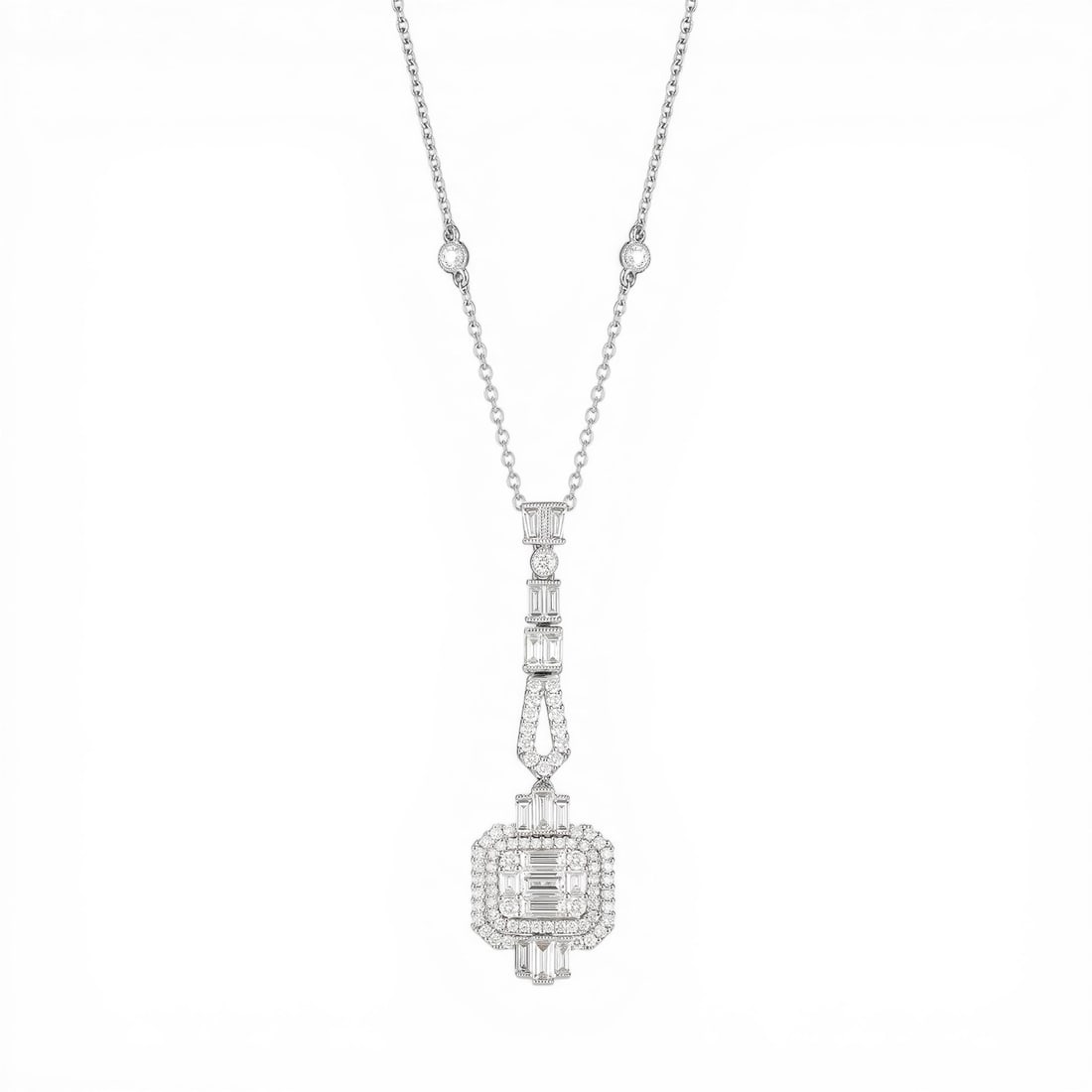 Empress Art Deco 1.99 ctw Diamond East West 18K White Gold Pendant Necklace: Defining modern elegance, this breathtaking Art Deco East West necklace featuring White Diamond captures the essence of style. Expertly mounted in a Drop setting, the necklace is crafted in 4.85 grams
