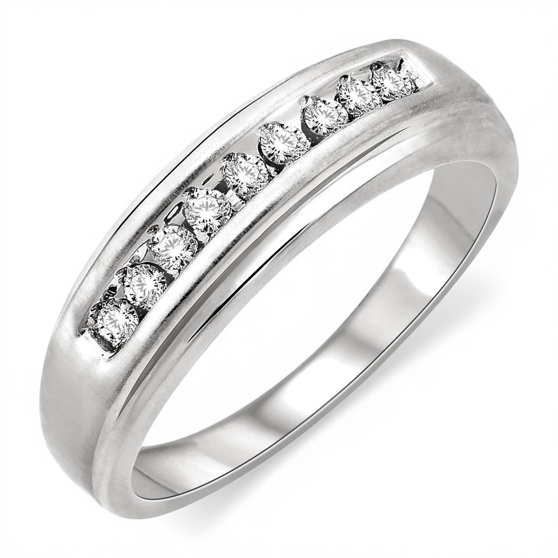 0.15 ctw Round Diamond Men's 14K White Gold Ring: A testament to superior craftsmanship, this magnificent Channel Men's ring featuring White Diamond is unparalleled. A detailed Channel gallery secures the stones, rendered in 3.4 grams of lustrous 14K