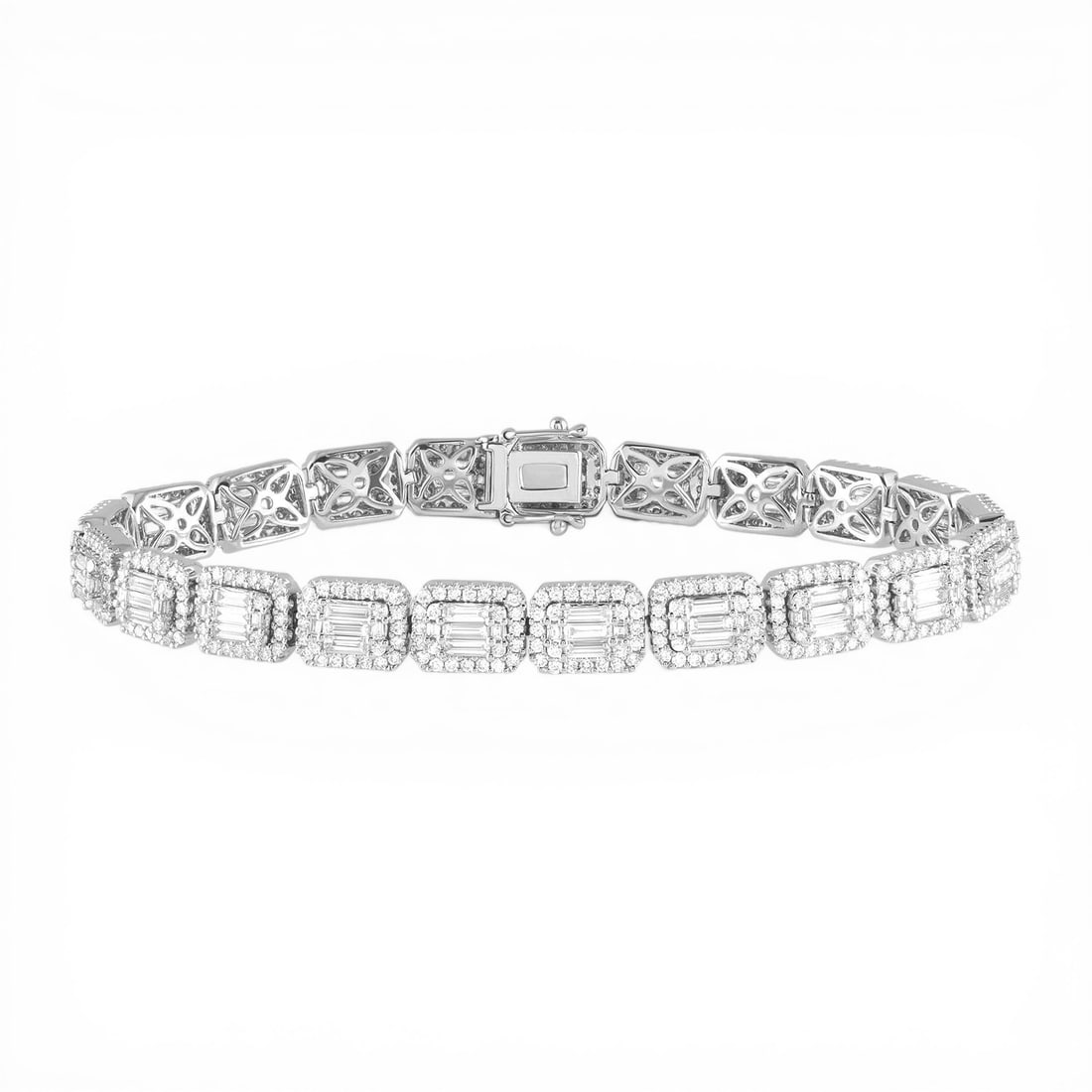 5.02 ctw White Diamond Empress Baguette Tennis 18K White Gold Bracelet: Timeless and sophisticated, this breathtaking Empress Baguette Tennis bracelet featuring White Diamond radiates enduring beauty. The gemstones are nestled within a Halo framework, supported by a subst