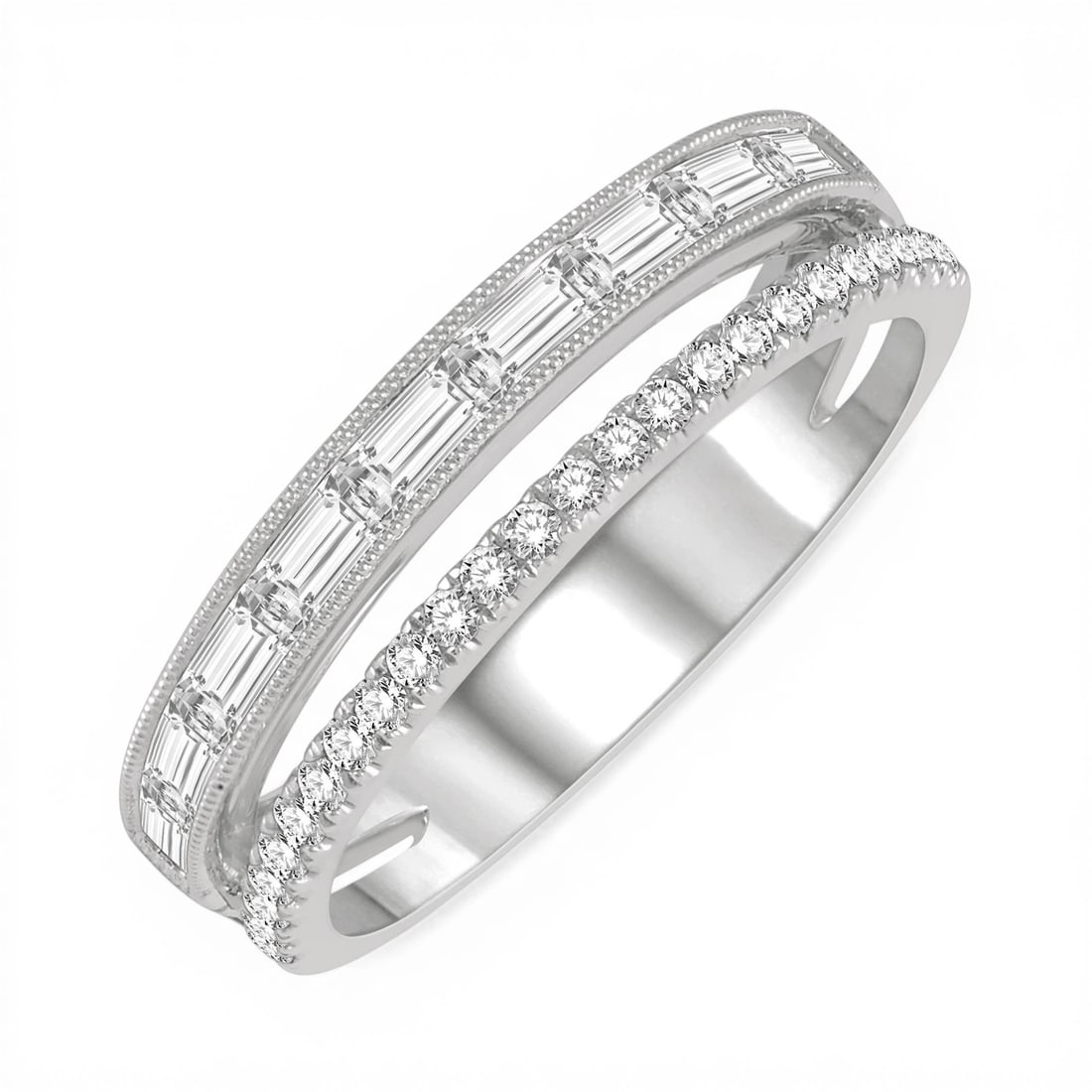 0.44 ctw Split Baguette and Round Diamond 14K White Gold Band Ring: A vision of luxury, this exquisite Split Shank ring featuring White Diamond defines sophistication. The gemstones are nestled within a Split Shank Band framework, supported by a substantial 3.2 grams 