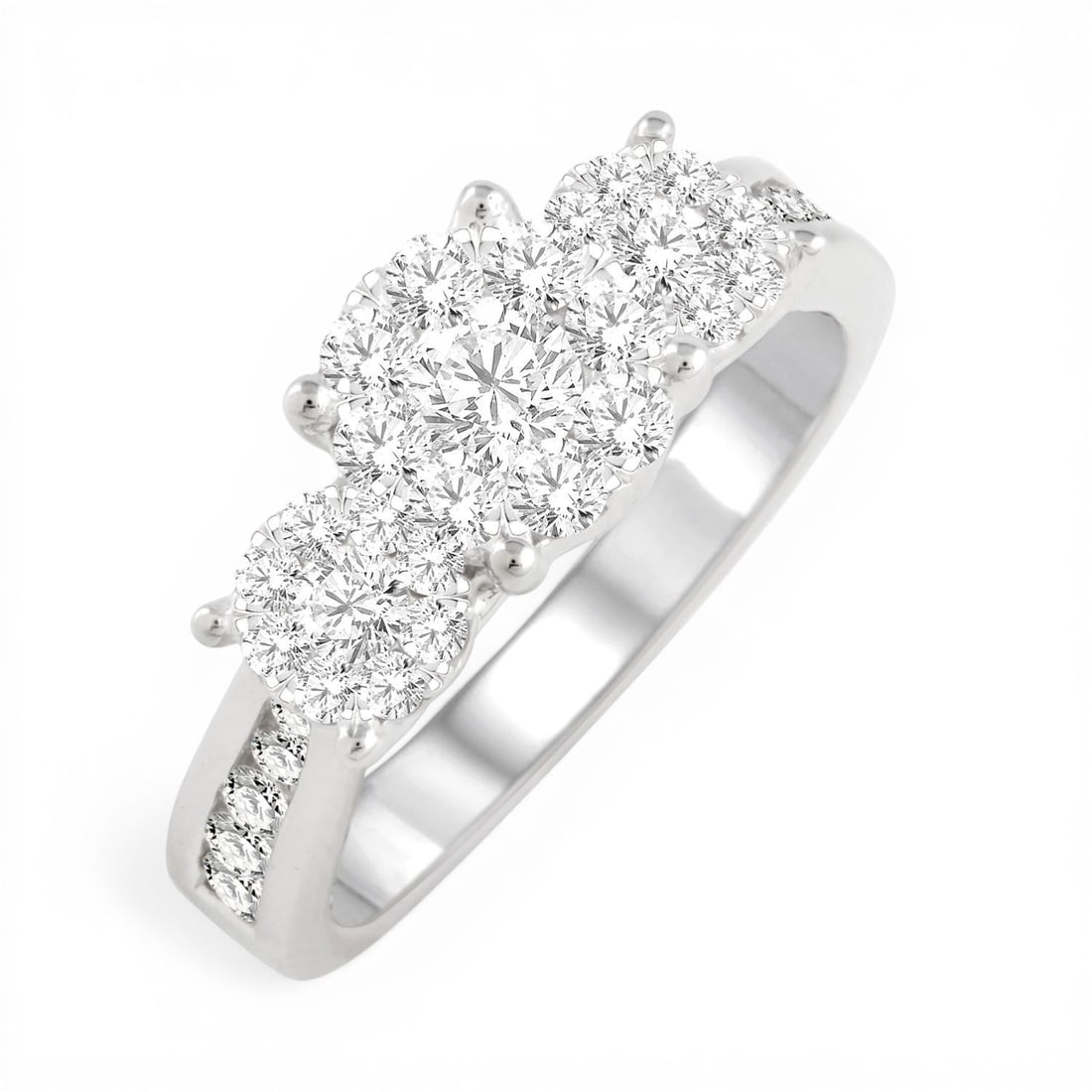 1.01 ctw Cluster Three Stone Diamond 14K White Gold Ring: Exuding opulence and grace, this magnificent Cluster Three Stone ring featuring White Diamond is crafted for the distinguished. Showcasing the gems in a Three-Stone arrangement, the ring consists of 4