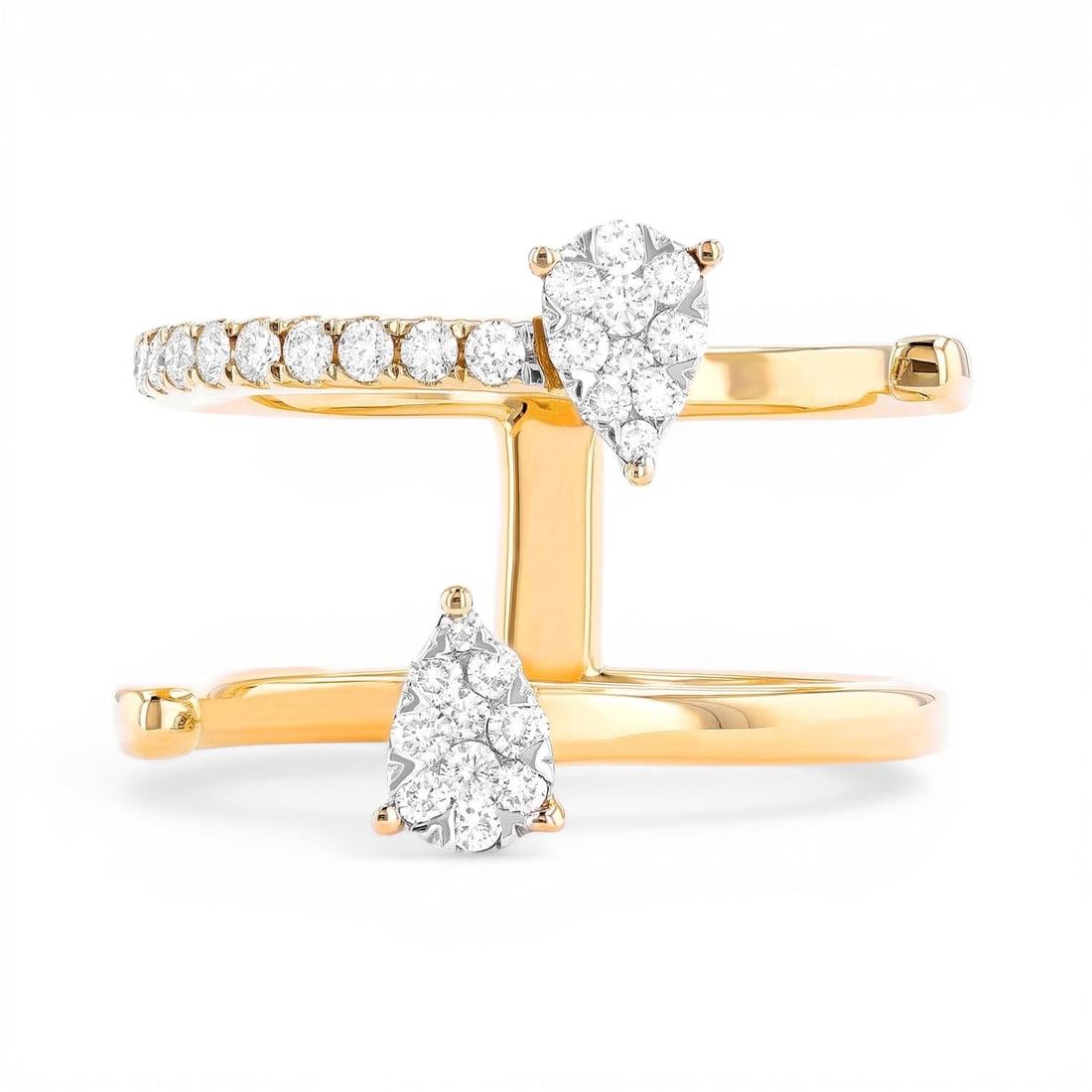 0.37 ctw White Diamond Fiori Cluster 18K Gold Ring: Epitomizing grandeur, this magnificent Fiori Pear Cluster ring featuring White Diamond stands as a beacon of refined taste. Showcasing the gems in a Cluster arrangement, the ring consists of 6.1 grams