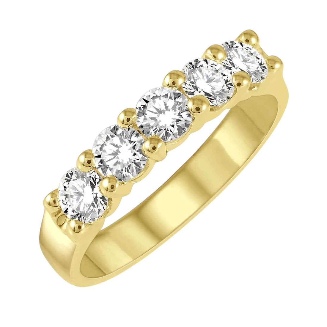 1.00 ctw 5-Stone Round Diamond Wedding Band 14K Yellow Gold: A testament to superior craftsmanship, this magnificent 5-Stone Wedding Band ring featuring White Diamond is unparalleled. A detailed Five-Stone Band gallery secures the stones, rendered in 3.6 grams 