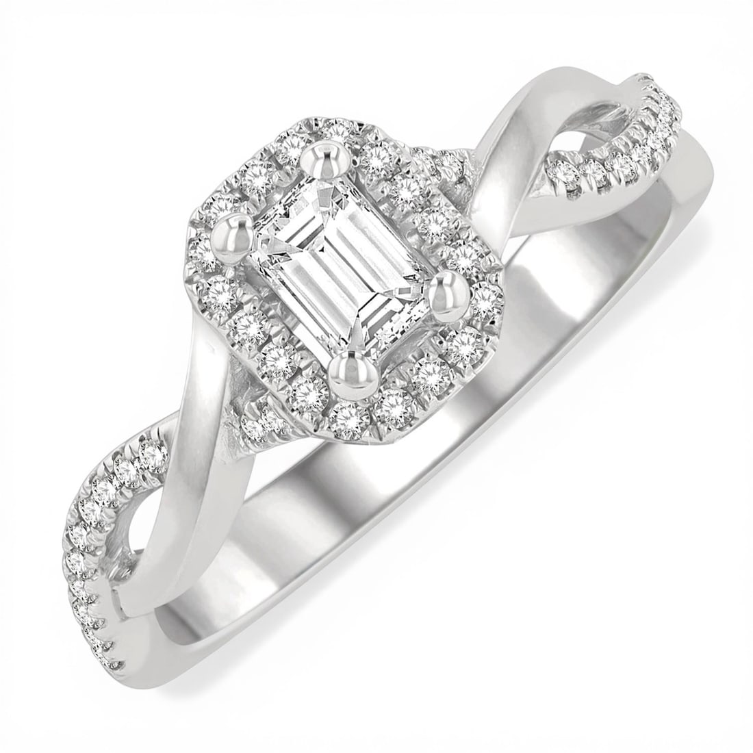 0.50 ctw Emerald Cut Diamond Engagement Ring Twisted Shank 14K White Gold: Epitomizing grandeur, this elegant Twisted Shank ring featuring White Diamond stands as a beacon of refined taste. Showcasing the gems in a Halo arrangement, the ring consists of 3.85 grams of 14K Whi