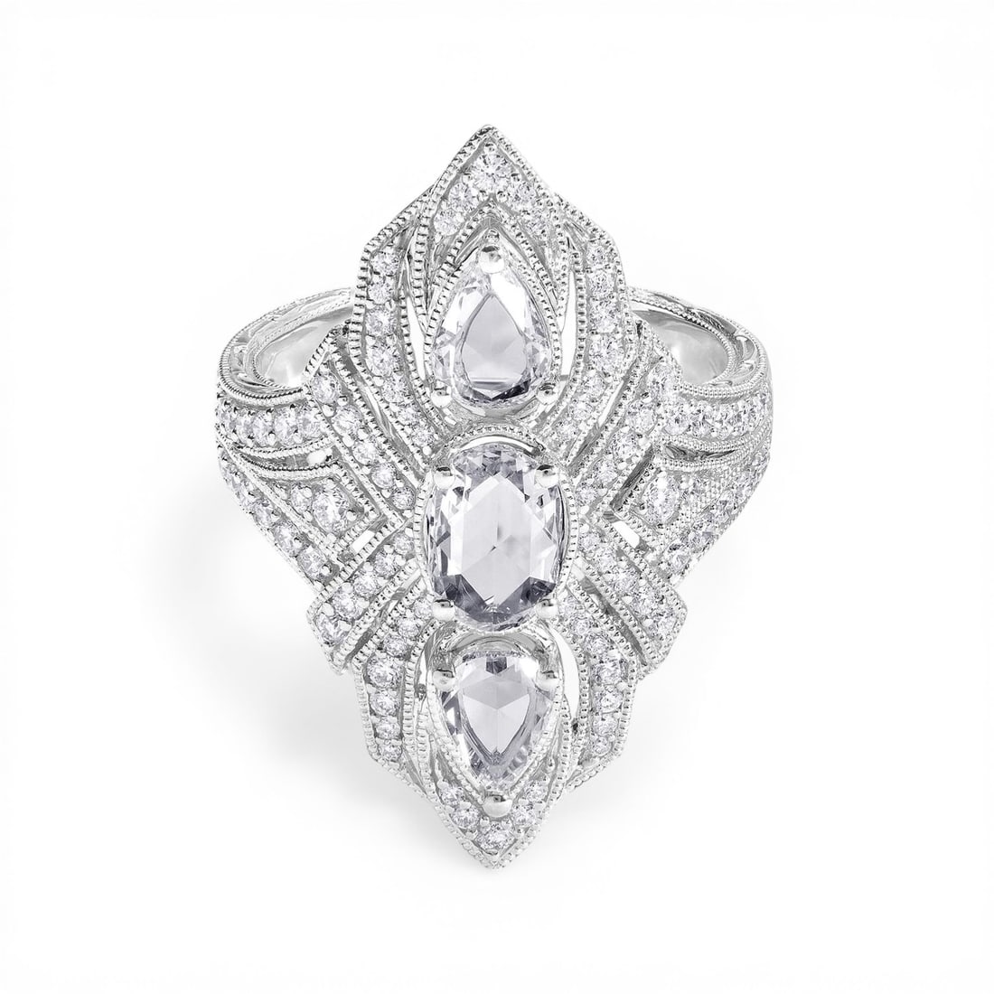2.13 ctw Vintage Mademoiselle Diamond Cluster 18K White Gold Ring: Captured in a moment of brilliance, this exquisite Vintage ring featuring Natural Diamonds speaks to the connoisseur. Expertly mounted in an Elongated Cluster setting, the ring is crafted in 9.95 gram