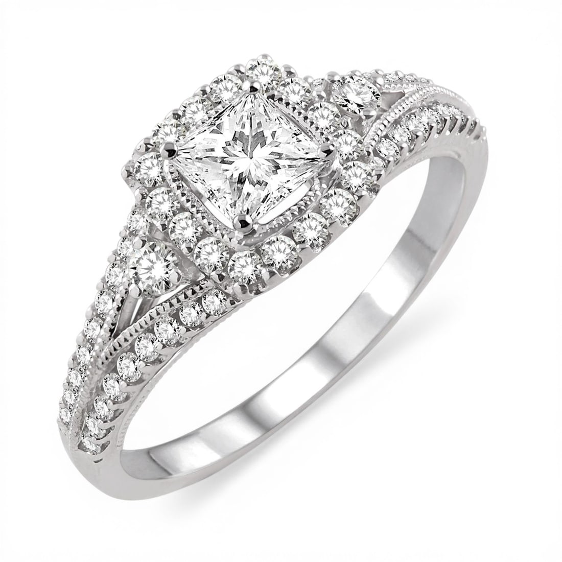 0.70 ctw Princess Cut Diamond Halo 14K White Gold Engagement Ring: A testament to superior craftsmanship, this breathtaking Halo ring featuring White Diamond is unparalleled. A detailed Halo gallery secures the stones, rendered in 2.95 grams of lustrous 14K White Gol