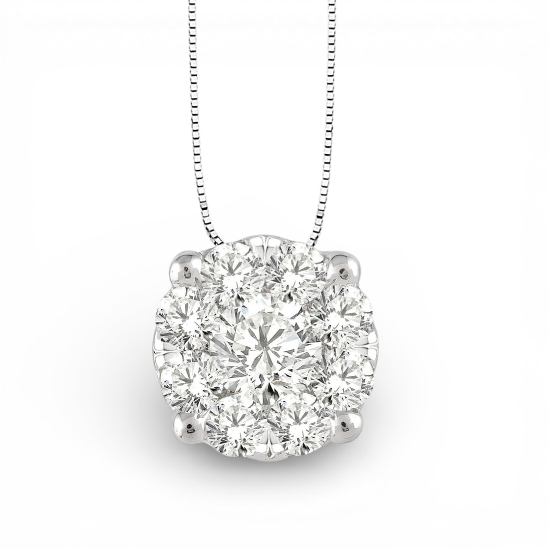 0.35 ctw Round Cut Cluster Diamond 14K White Gold Pendant: Rare and radiant, this breathtaking Cluster pendant featuring White Diamond offers a touch of the extraordinary. Crafted with precision, the Cluster setting is seamlessly integrated into 1.0 grams of 