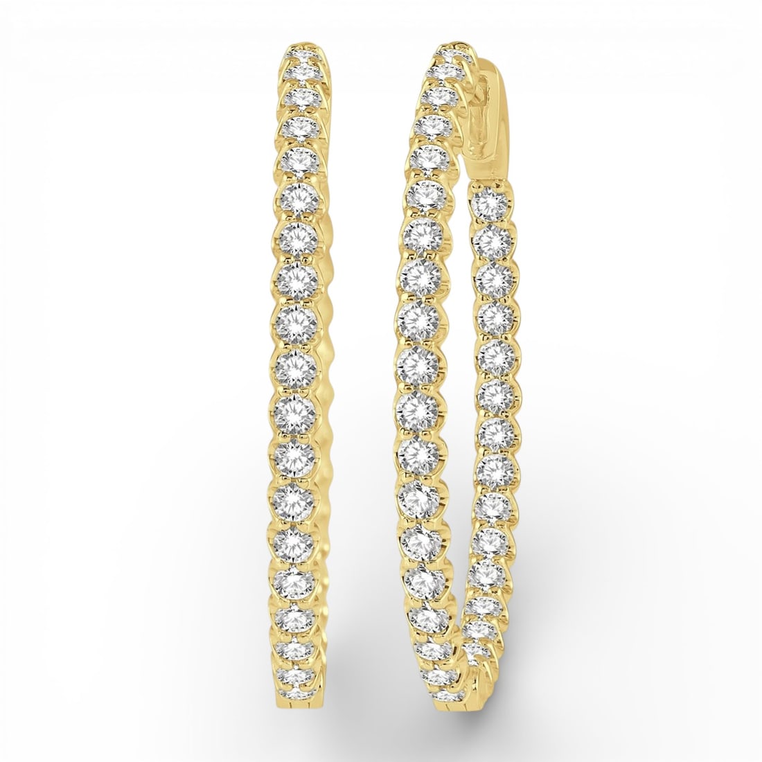 2.01 ctw Round Diamond Inside-Out Hoop 14K Yellow Gold Earrings: An exquisite masterpiece of haute joaillerie, this breathtaking Inside-Out Oval Shape Hoop pair of earrings featuring White Diamond is a true treasure. Showcasing the gems in a Hoop arrangement, the e