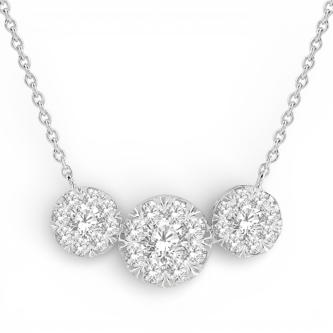 1.02 ctw White Diamond 3-Stone Cluster 14K White Gold Necklace: Defining modern elegance, this stunning 3-Stone Cluster pendant necklace featuring White Diamond captures the essence of style. Expertly mounted in a Three-Stone Cluster setting, the pendant necklace 