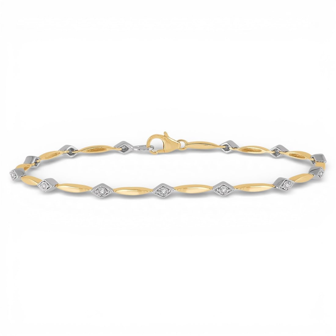 0.10 ctw Illusion Plate White Diamond 10K Yellow & White Gold Bracelet: A testament to superior craftsmanship, this elegant Link bracelet featuring White Diamond is unparalleled. A detailed Illusion Setting gallery secures the stones, rendered in 5.05 grams of lustrous 10