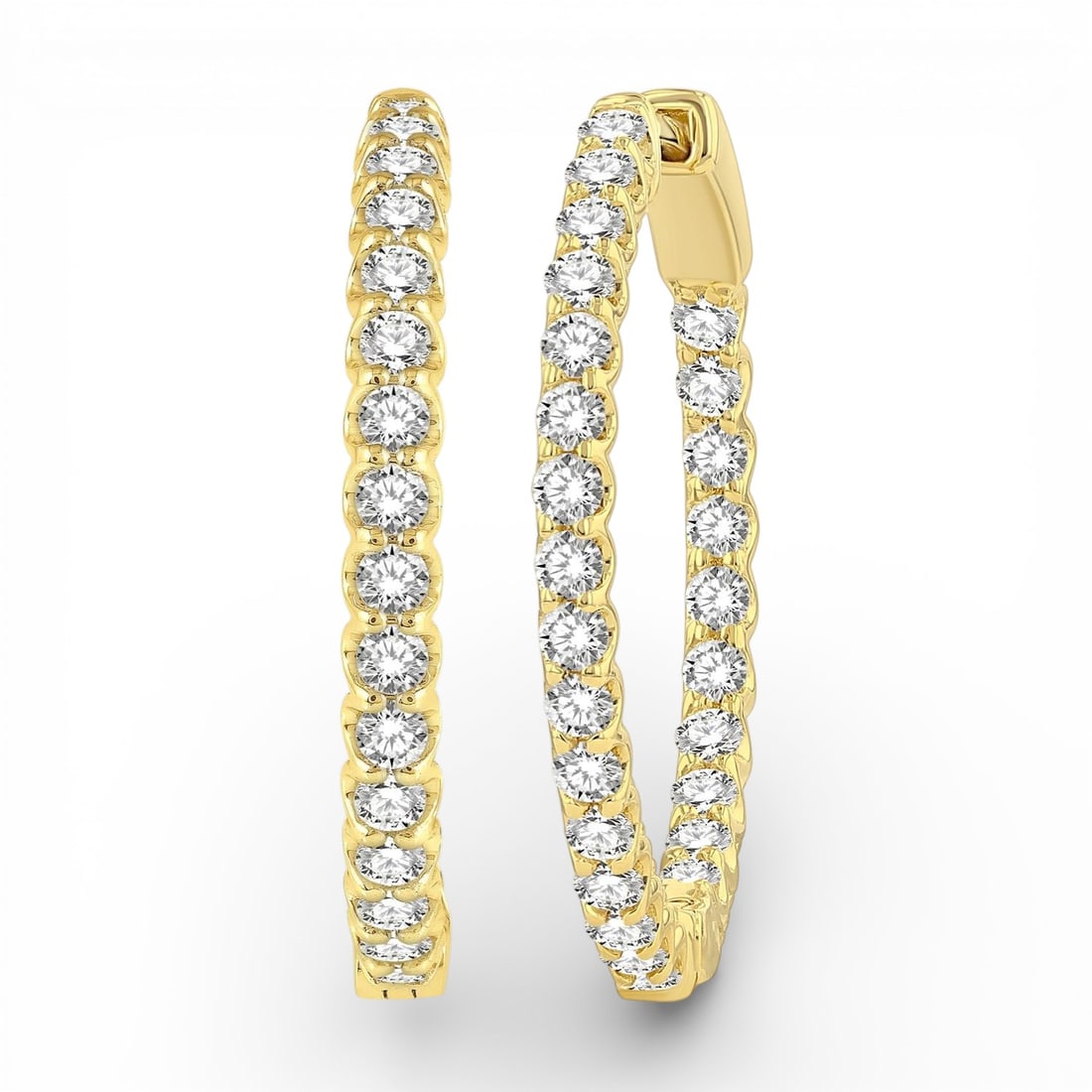 1.53 ctw Diamond 14K Yellow Gold Hoop Earrings: An exquisite masterpiece of haute joaillerie, this breathtaking Inside-Out Round Cut pair of earrings featuring Natural Diamonds is a true treasure. Showcasing the gems in a Shared Prong arrangement, 