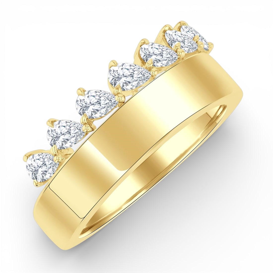 0.67 ctw Pear Cut Diamond Bold Wide Band 14K Yellow Gold Ring: A vision of luxury, this magnificent Wide Band ring featuring White Diamond defines sophistication. Securely held in a classic Band design, the ring is forged from 4.35 grams of high-polish 14K Yellow