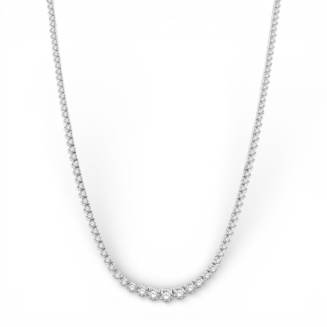 7.02 ctw Round Cut White Diamond Riviera 14K White Gold Necklace: Rare and radiant, this breathtaking Riviera necklace featuring White Diamond offers a touch of the extraordinary. A detailed Riviera gallery secures the stones, rendered in 17.8 grams of lustrous 14K 