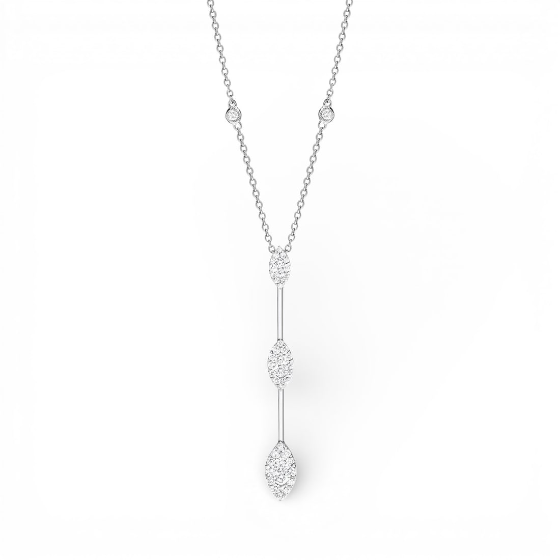 1.02 ctw White Diamond Fiori Cluster 18K White Gold Pendant: A vision of luxury, this stunning Fiori Marquise Bar Cluster necklace featuring White Diamond defines sophistication. Securely held in a classic Cluster design, the necklace is forged from 1.75 grams 