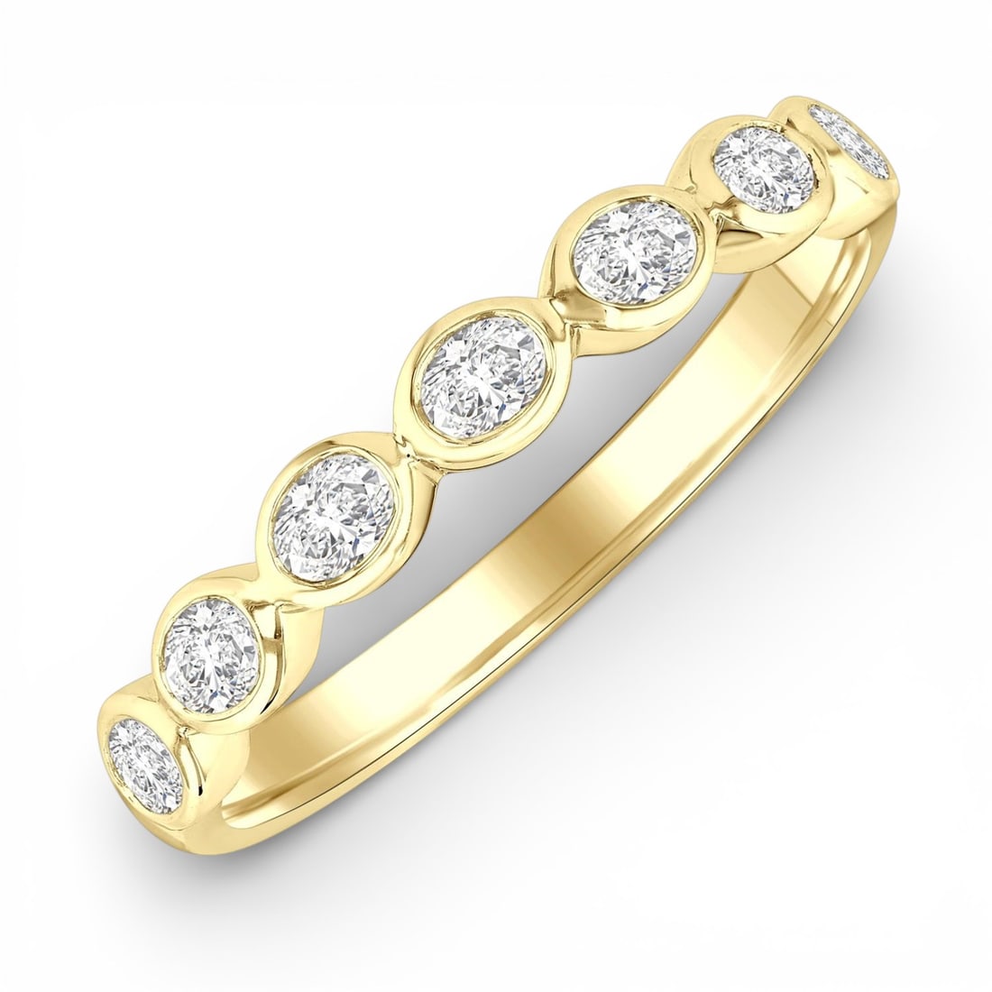 0.70 ctw Oval Cut Diamond East-West Set Bezel Stackable 14K Yellow Gold Band Ring: An exquisite masterpiece of haute joaillerie, this elegant East-West Set Oval Cut Bezel ring featuring White Diamond is a true treasure. A detailed Bezel gallery secures the stones, rendered in 2.35 g