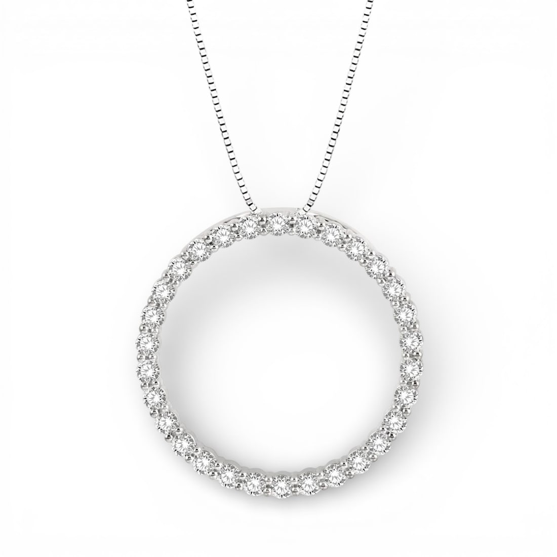 1.01 ctw Round Diamond Circle of Love 14K White Gold Pendant: A symphony of light and color, this breathtaking Circle of Love pendant featuring Natural Diamonds embodies the pinnacle of luxury. Securely held in a classic Eternity Circle design, the pendant is fo
