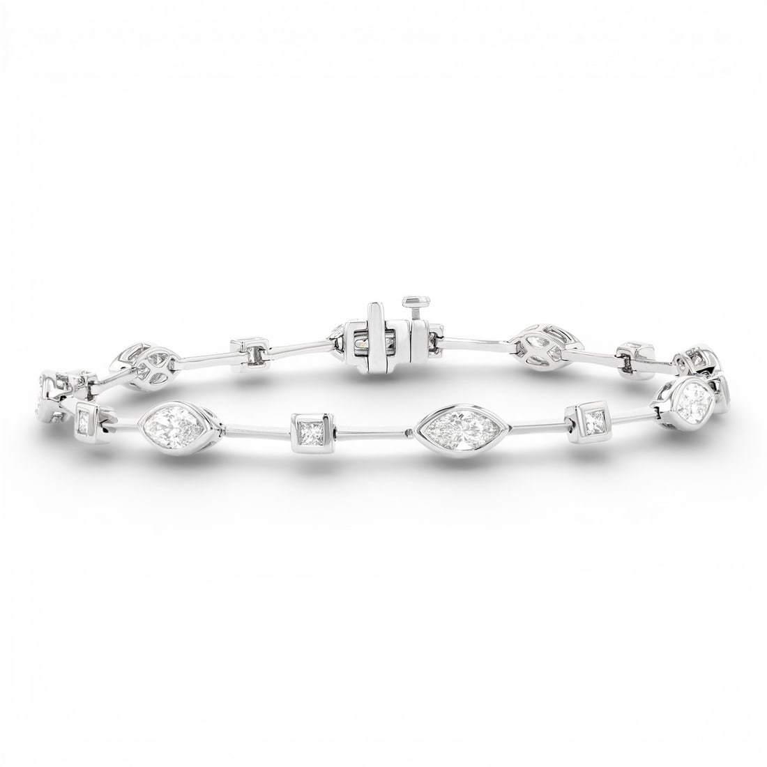 2.82 ctw Multishape Diamond Bar 18K White Gold Bracelet: Epitomizing grandeur, this magnificent Bar bracelet featuring White Diamond stands as a beacon of refined taste. Crafted with precision, the Bezel setting is seamlessly integrated into 8.4 grams of 18