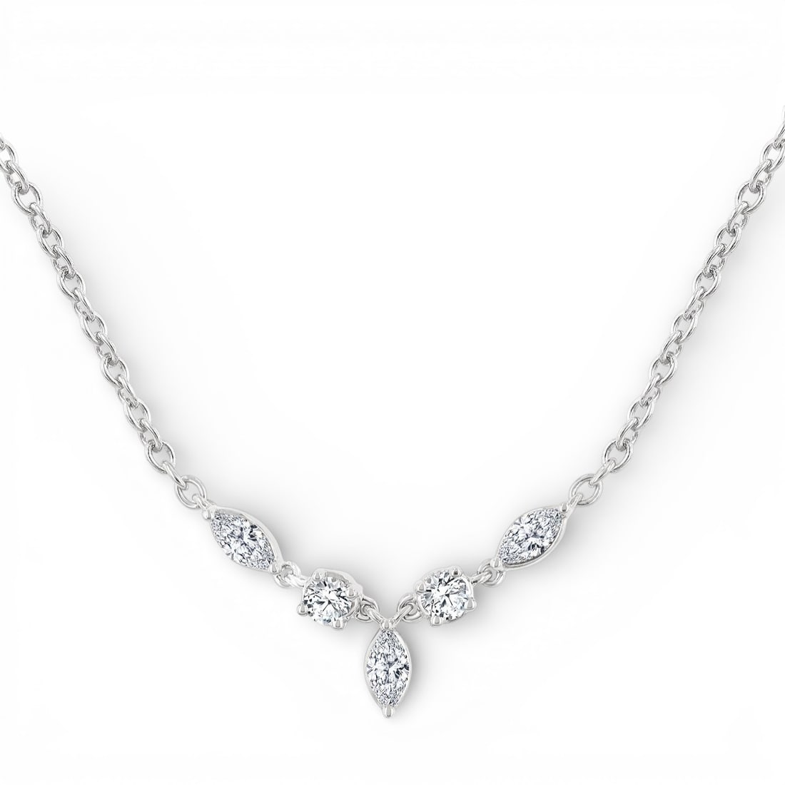 0.33 ctw Marquise & Round Diamond 14K White Gold Necklace: A testament to superior craftsmanship, this stunning Mixed Fancy Shapes necklace featuring White Diamond is unparalleled. Showcasing the gems in a Cluster arrangement, the necklace consists of 0.55 gr