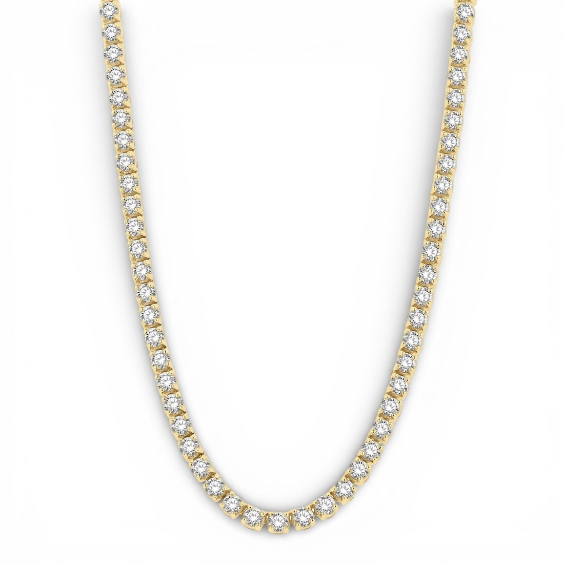 15.01 ctw Diamond 14K Yellow Gold Tennis Necklace: Epitomizing grandeur, this breathtaking Tennis necklace featuring White Diamond stands as a beacon of refined taste. A detailed Tennis gallery secures the stones, rendered in 30.0 grams of lustrous 14