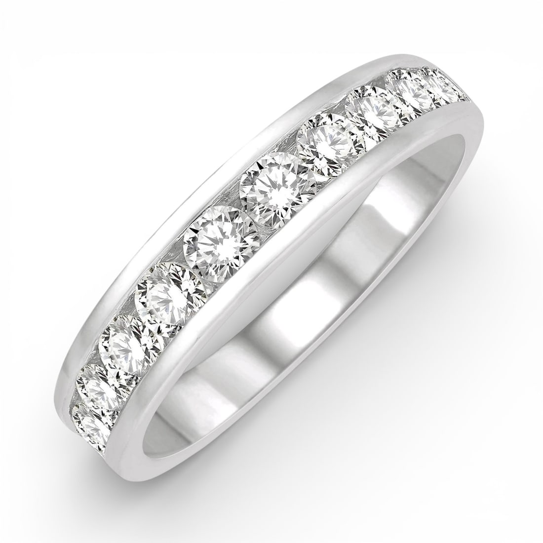 0.99 ctw Round Diamond Channel Set 11 Stone 14K White Gold Band Ring: Defining modern elegance, this stunning Channel Set ring featuring White Diamond captures the essence of style. Securely held in a classic Channel-Set Band design, the ring is forged from 3.0 grams of