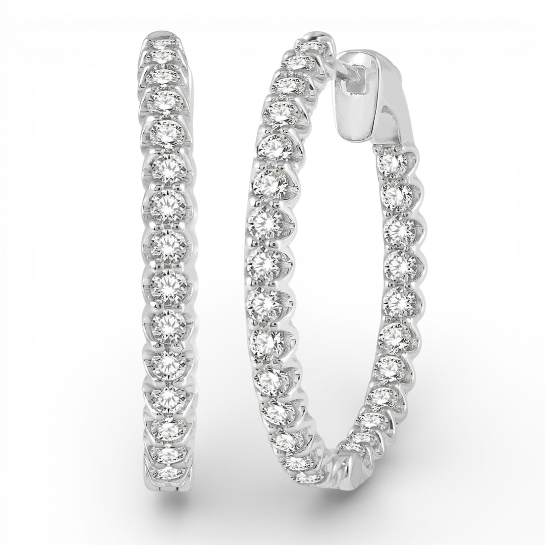 2.03 ctw Inside-Out White Diamond 14K White Gold Hoop Earrings: A vision of luxury, this stunning Inside-Out pair of earrings featuring White Diamond defines sophistication. Securely held in a classic Continuous Line design, the earrings are forged from 6.0 grams 