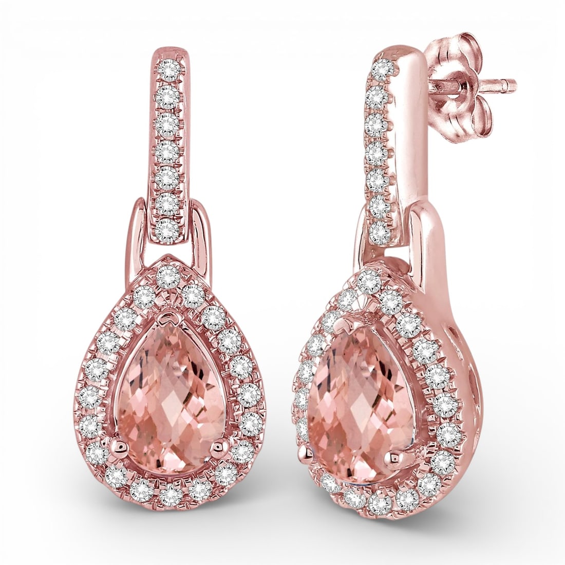 6x4mm Pear Morganite and 0.20 ctw Diamond 10K Rose Gold Earrings: An exquisite masterpiece of haute joaillerie, this elegant Halo pair of earrings featuring Morganite, White Diamond is a true treasure. Showcasing the gems in a Halo arrangement, the earrings consists
