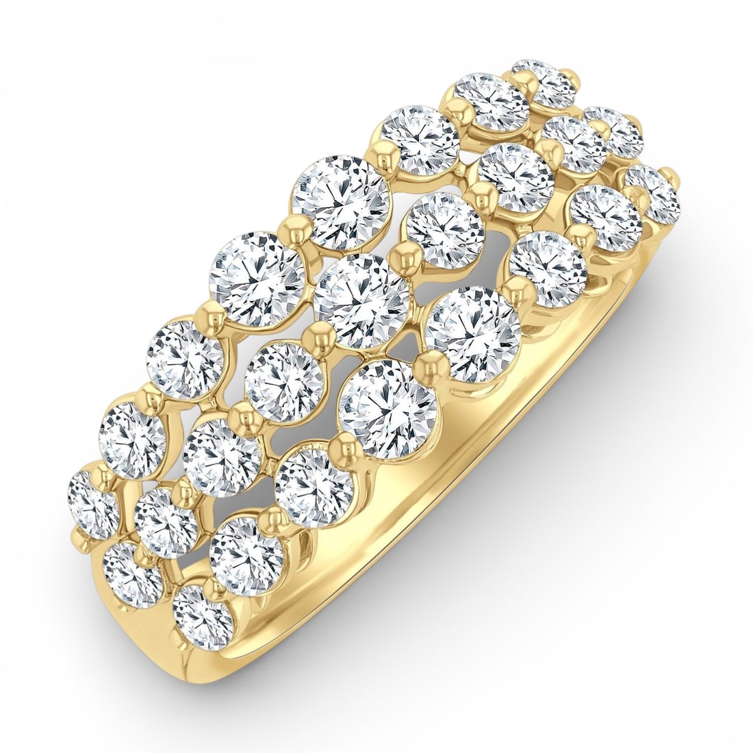 1.50 ctw Diamond Lattice Triple Row Fashion Band 14K Yellow Gold Ring: A testament to superior craftsmanship, this magnificent Lattice Triple Row ring featuring Natural Diamonds is unparalleled. Showcasing the gems in a Triple-Row Band arrangement, the ring consists of 6